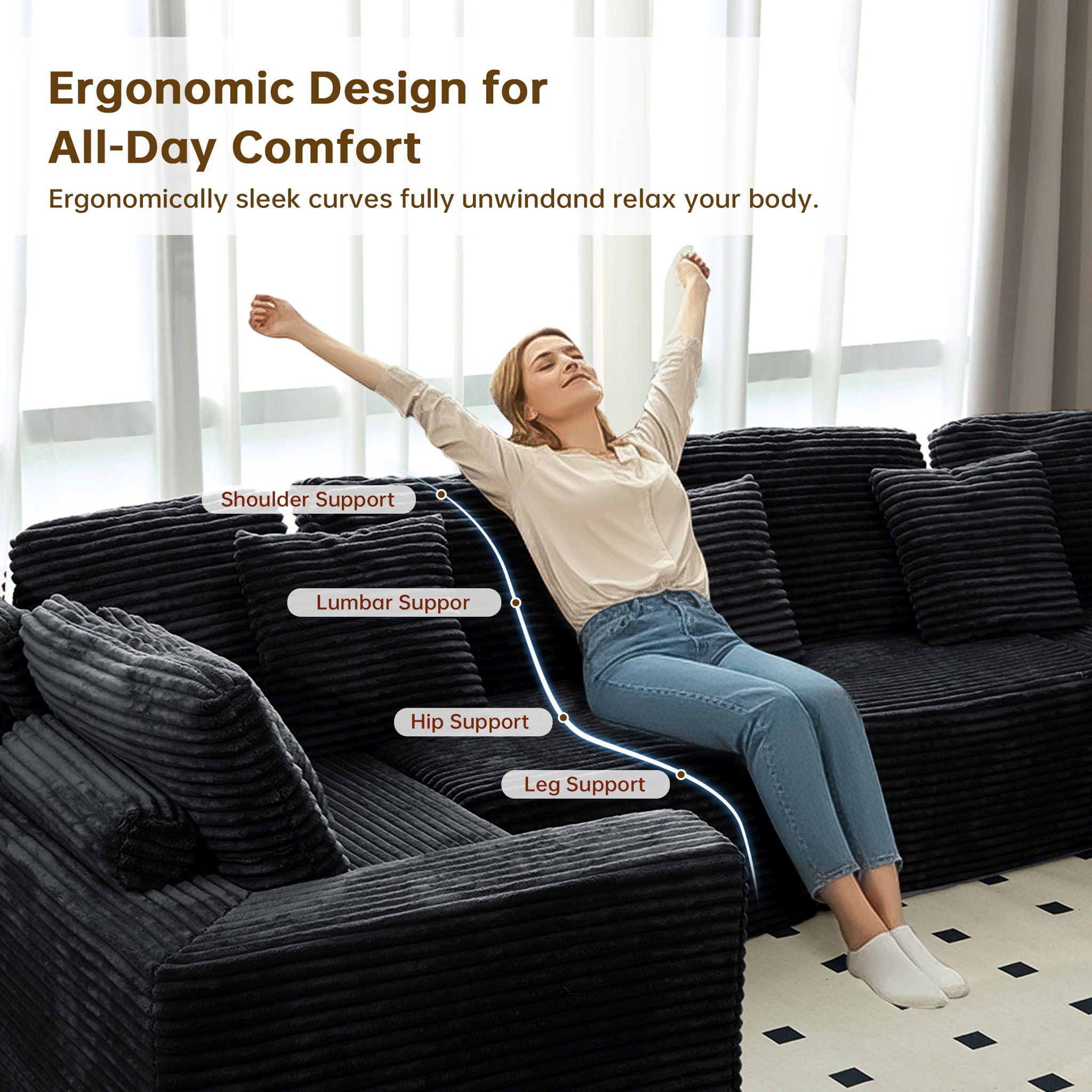 Modular U-Shaped Sectional Sofa, 6 Seater Chaise Lounge With Reversible Design - Black