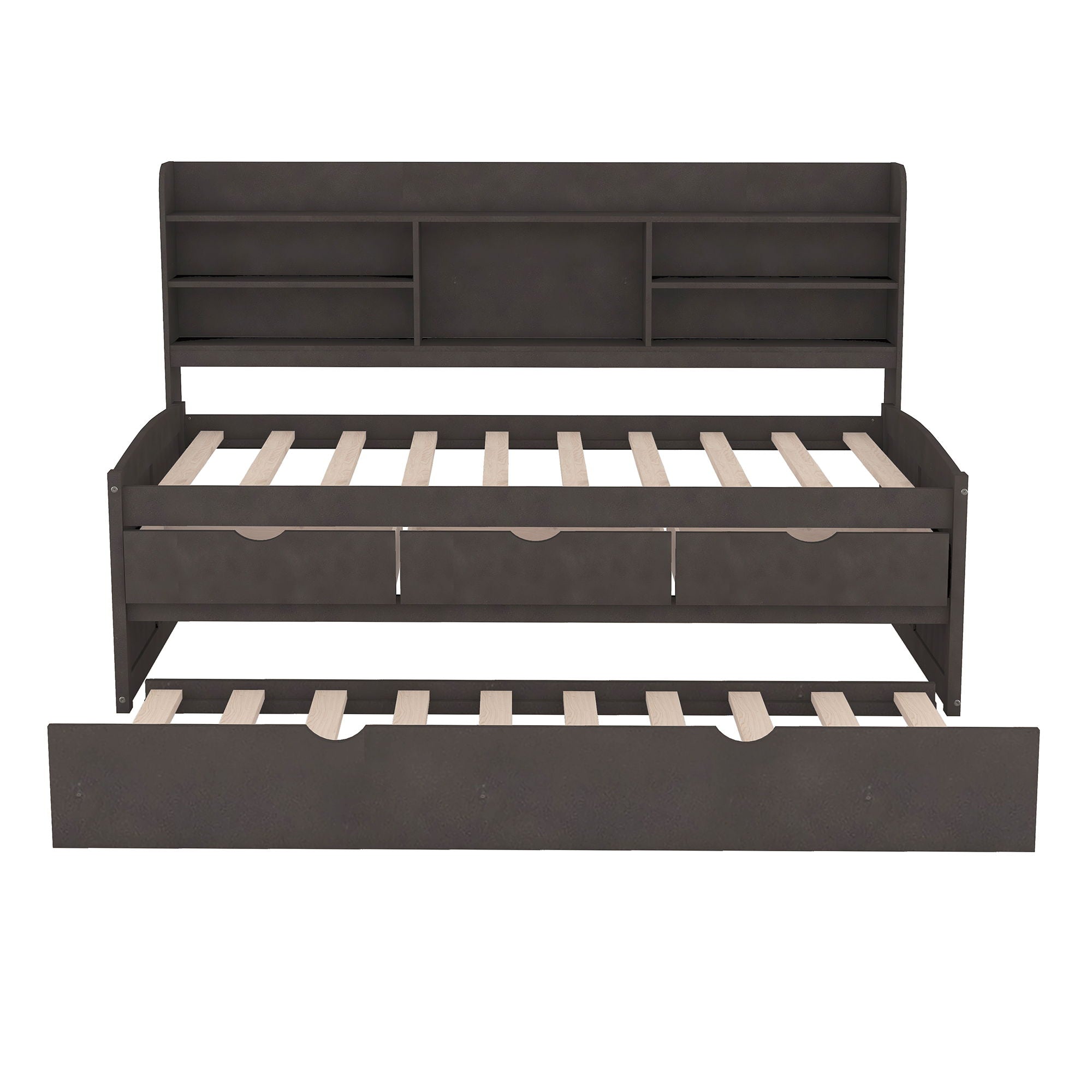 Captain Bed With Built In Bookshelves, 3 Storage Drawers, And Trundle