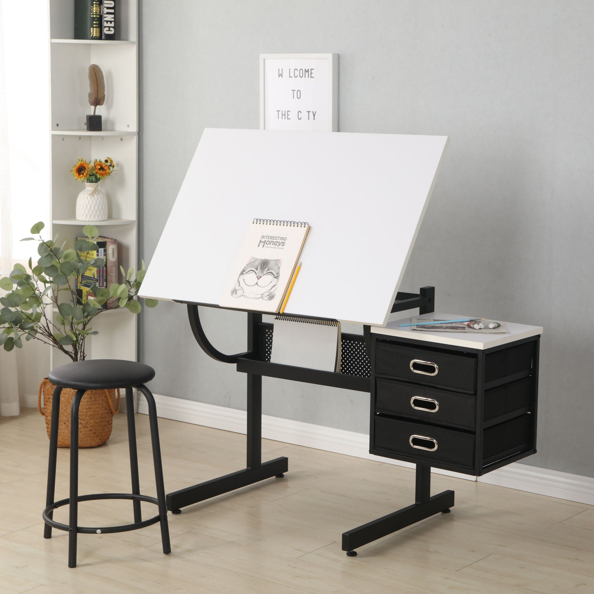 Adjustable Drafting Drawing Table With Stool And 3 Drawers - White / Black - Best Buy Furniture