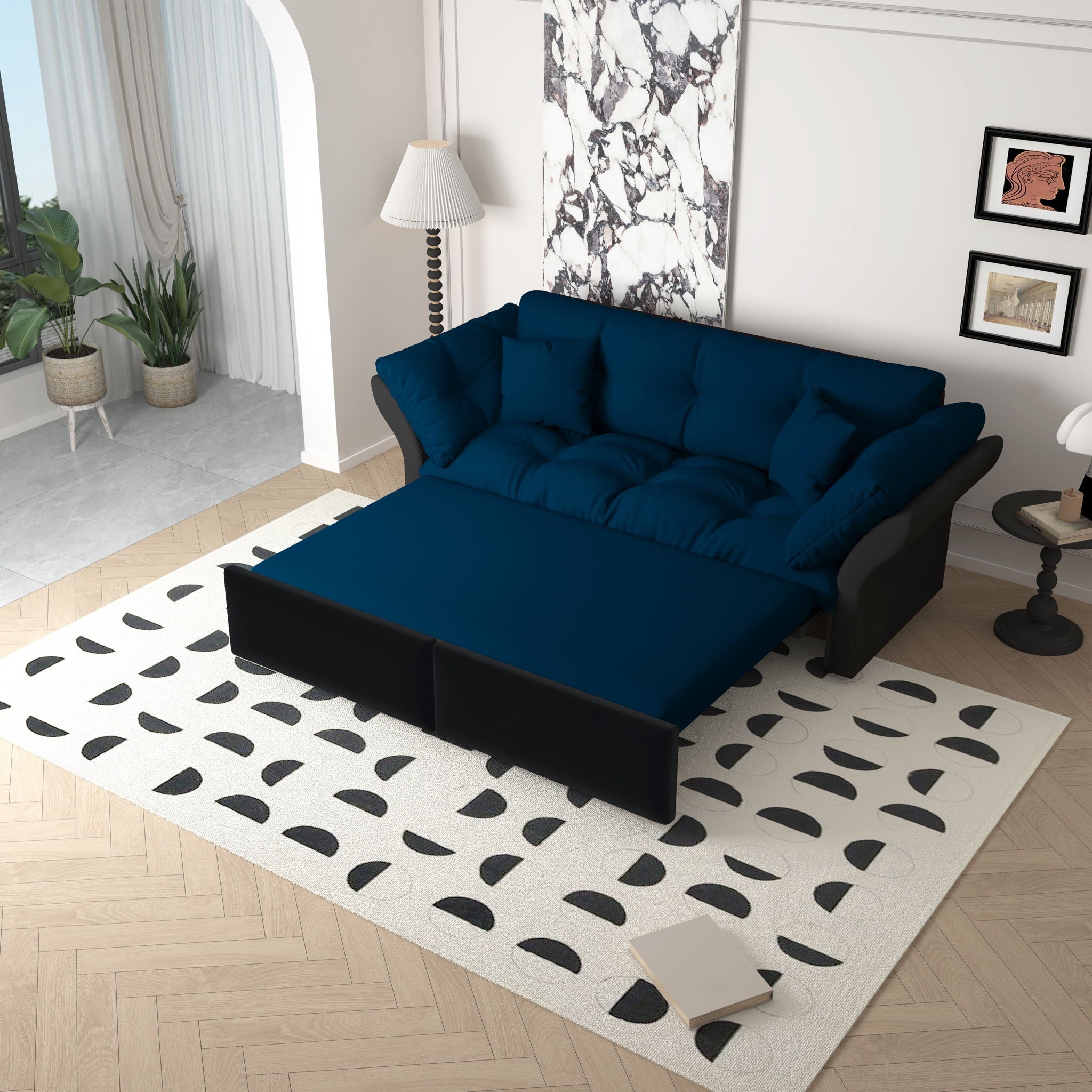 Queen Pull Out Sofa Bed, 3 In 1 Convertible Sleeper Tufted Sofa & 2 Soft Pillows - Blue