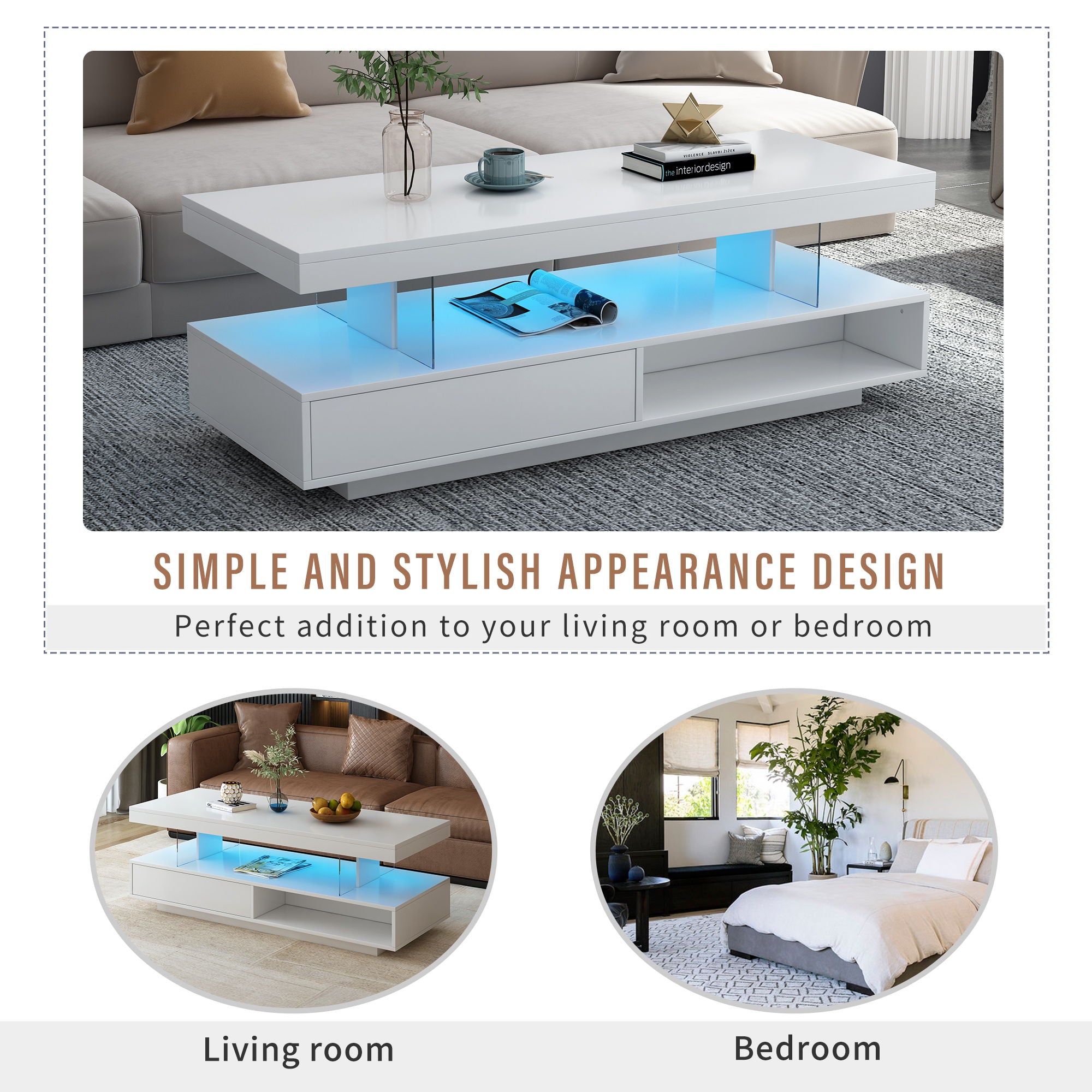 LED Coffee Table With 2 Drawers And Display Shelves