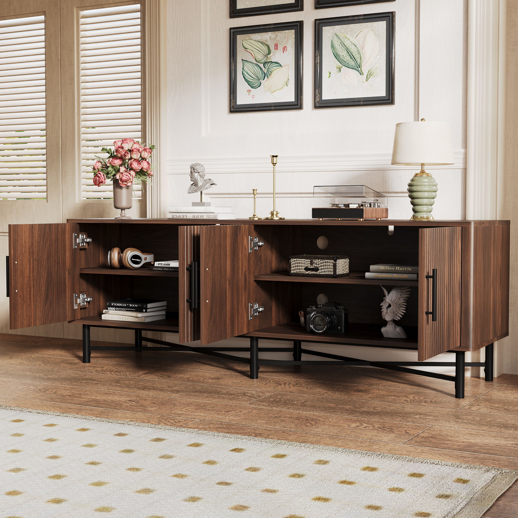 4 Door TV Cabinet, 2 Storage Spaces, Adjustable Shelves