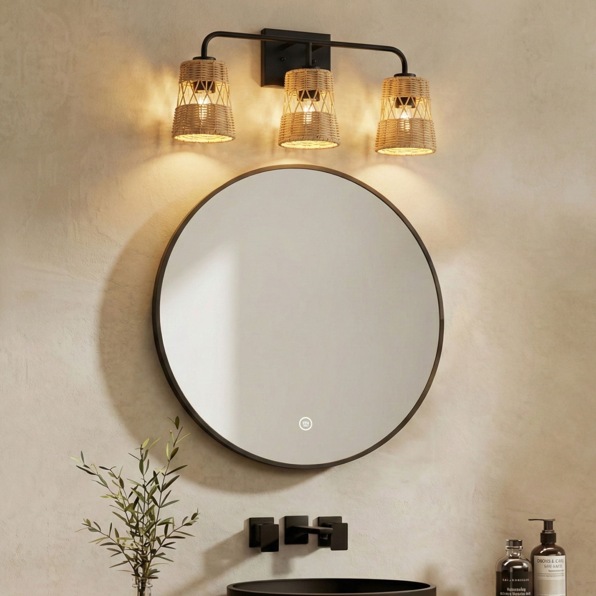 Moonlit - 3 Lights Wall Sconce With Shade, Bathroom Lighting Fixtures Over Mirror - Black / Rattan