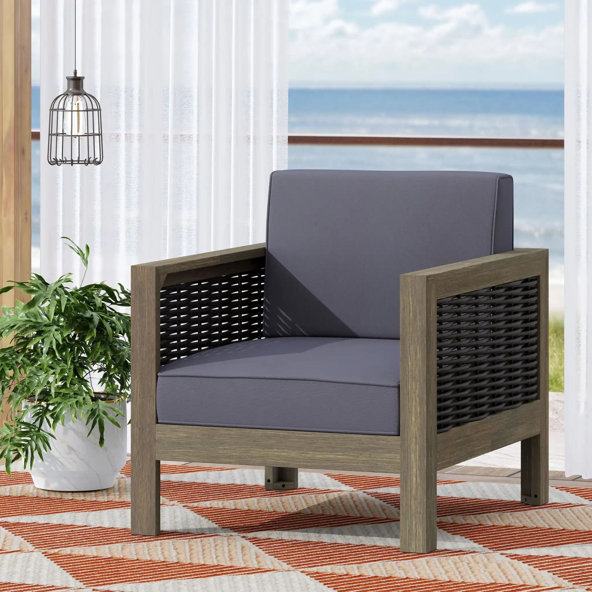 Outdoor Acacia Wood Club Chair With Wicker Accents - Best Buy Furniture