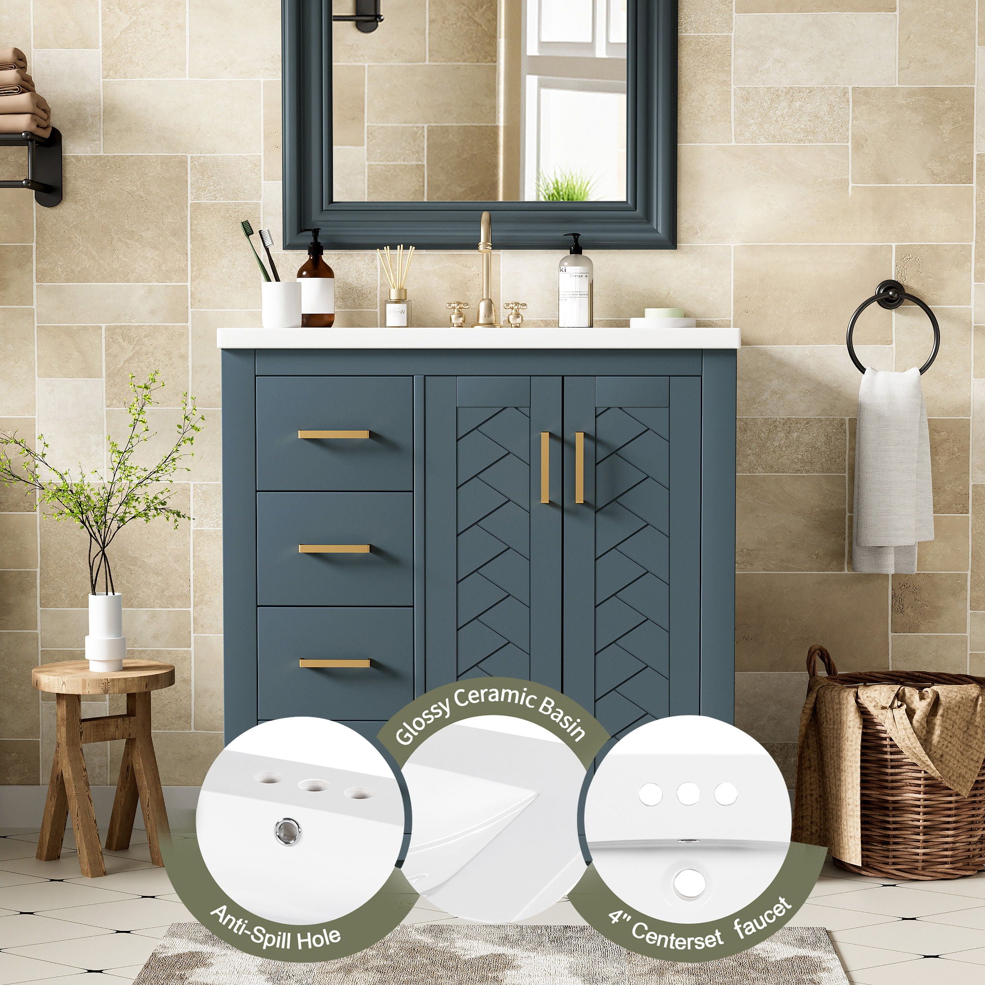 Ceramic Sink Combo, Freestanding Vanity Set With 3 Drawers & Soft Closing Doors