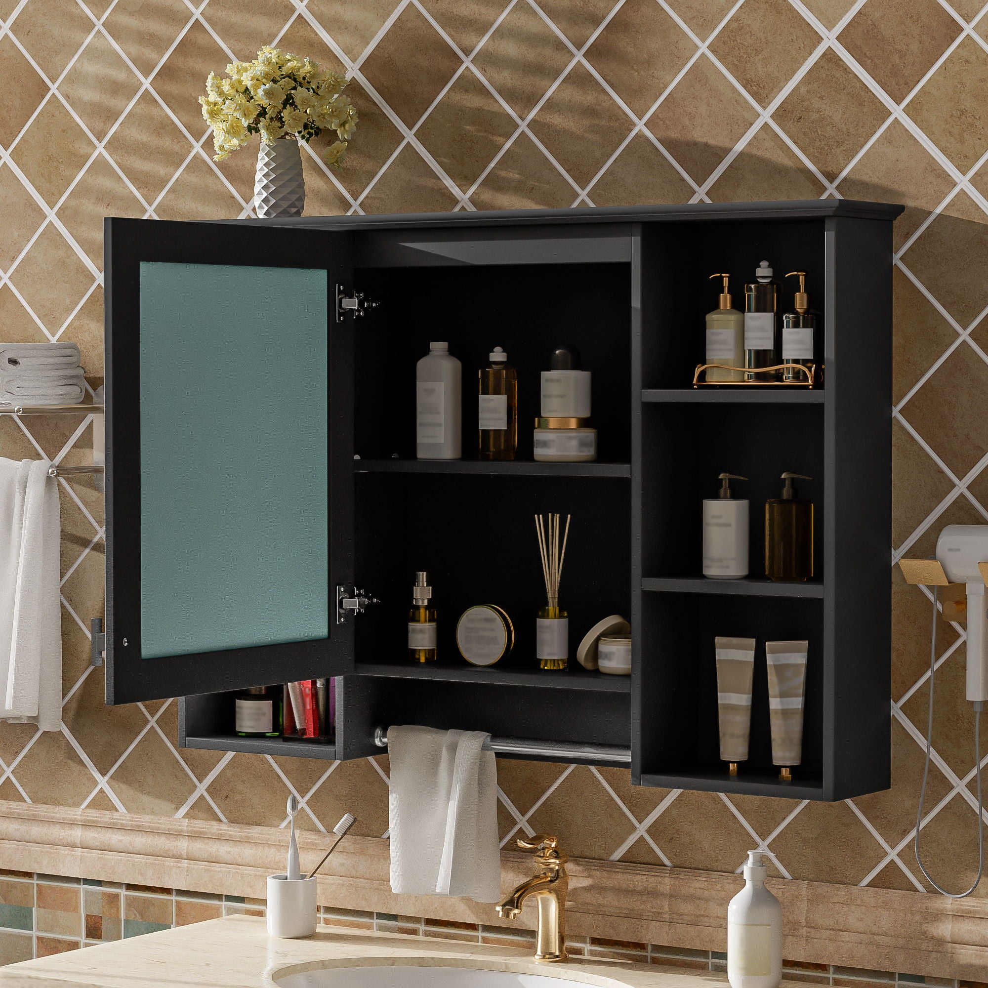 3 In 1 Modern Bathroom Mirror Cabinet With Adjustable Shelf, Soft Close Door, High Definition Mirror & Towel Bar