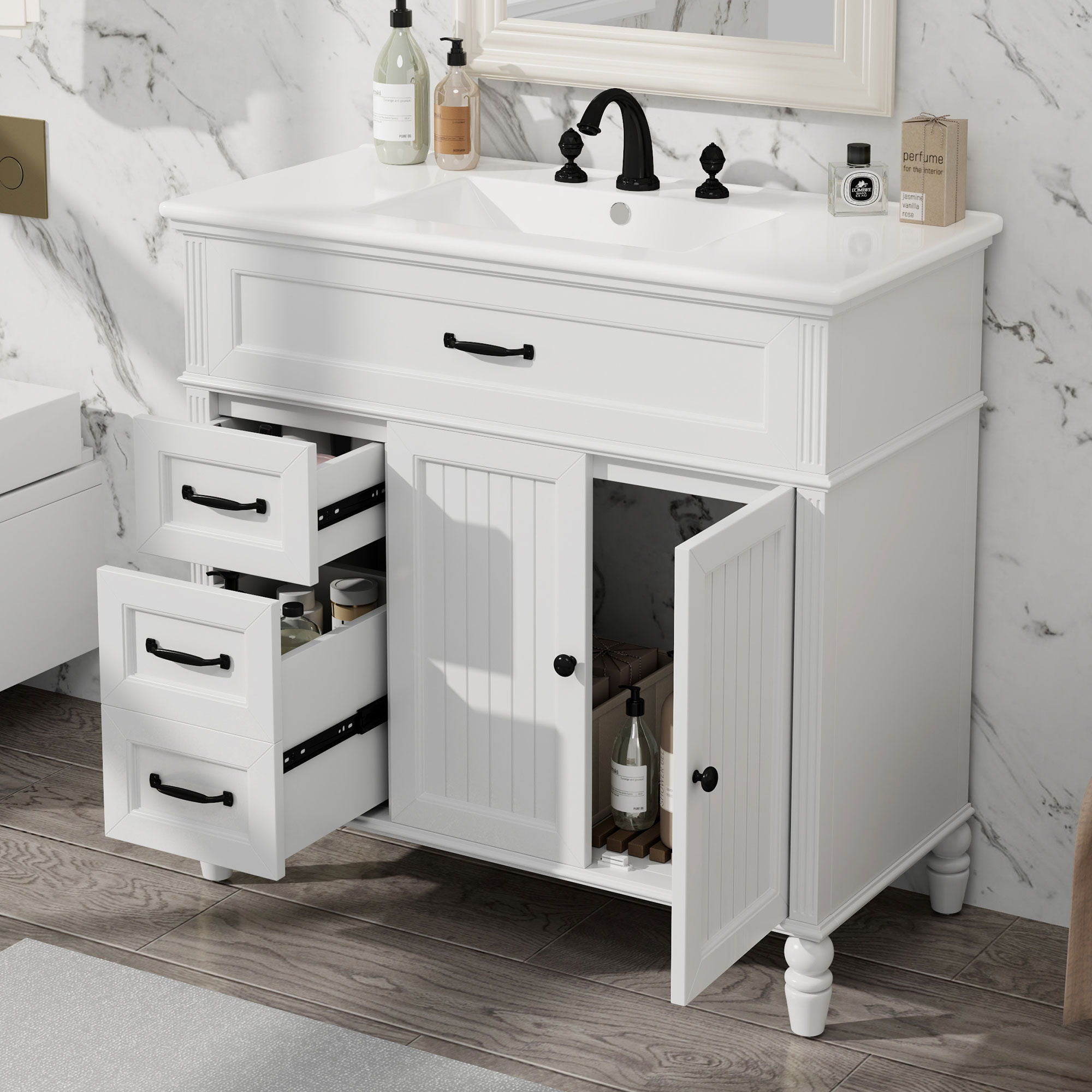 Bathroom Vanity With Sink, 2 Door Storage With Soft Closing Hinges - White