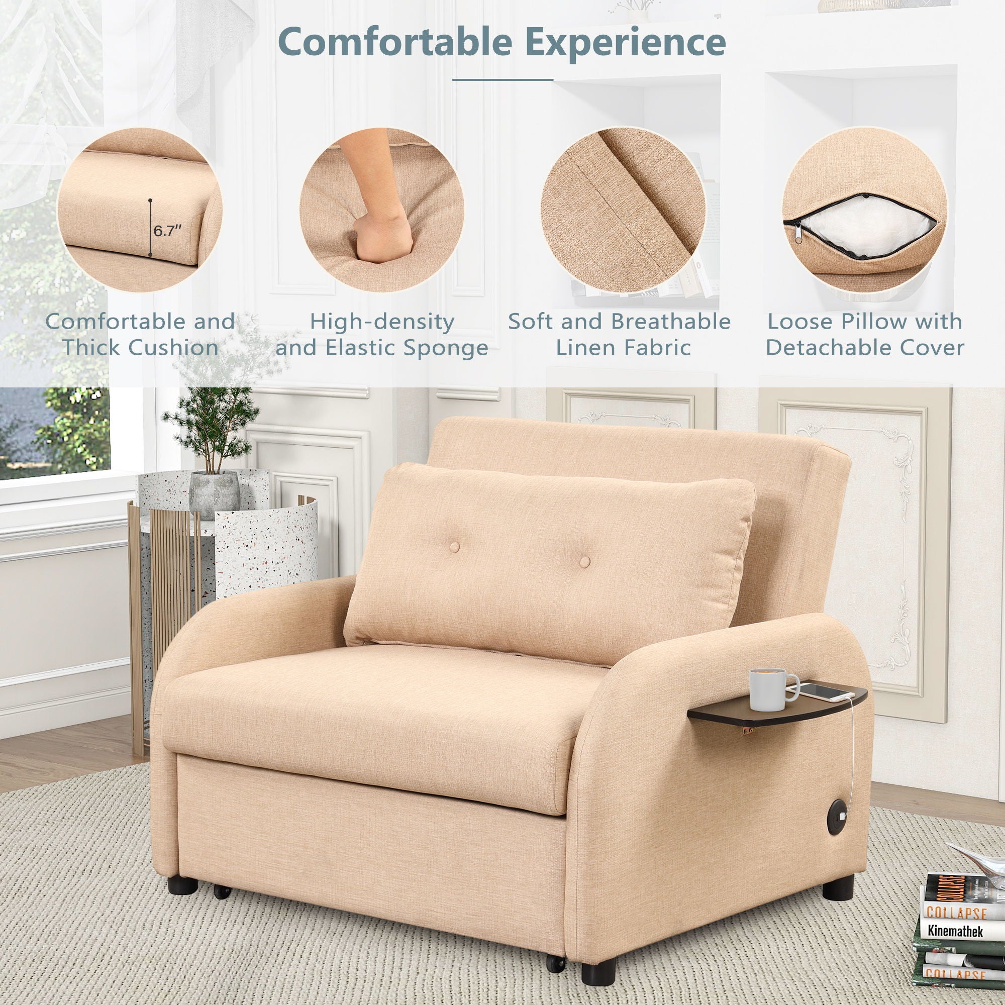 Versatile Pull Out Sofa Sleeper 3 In 1 With Wing Table & USB Charge, Compact Design