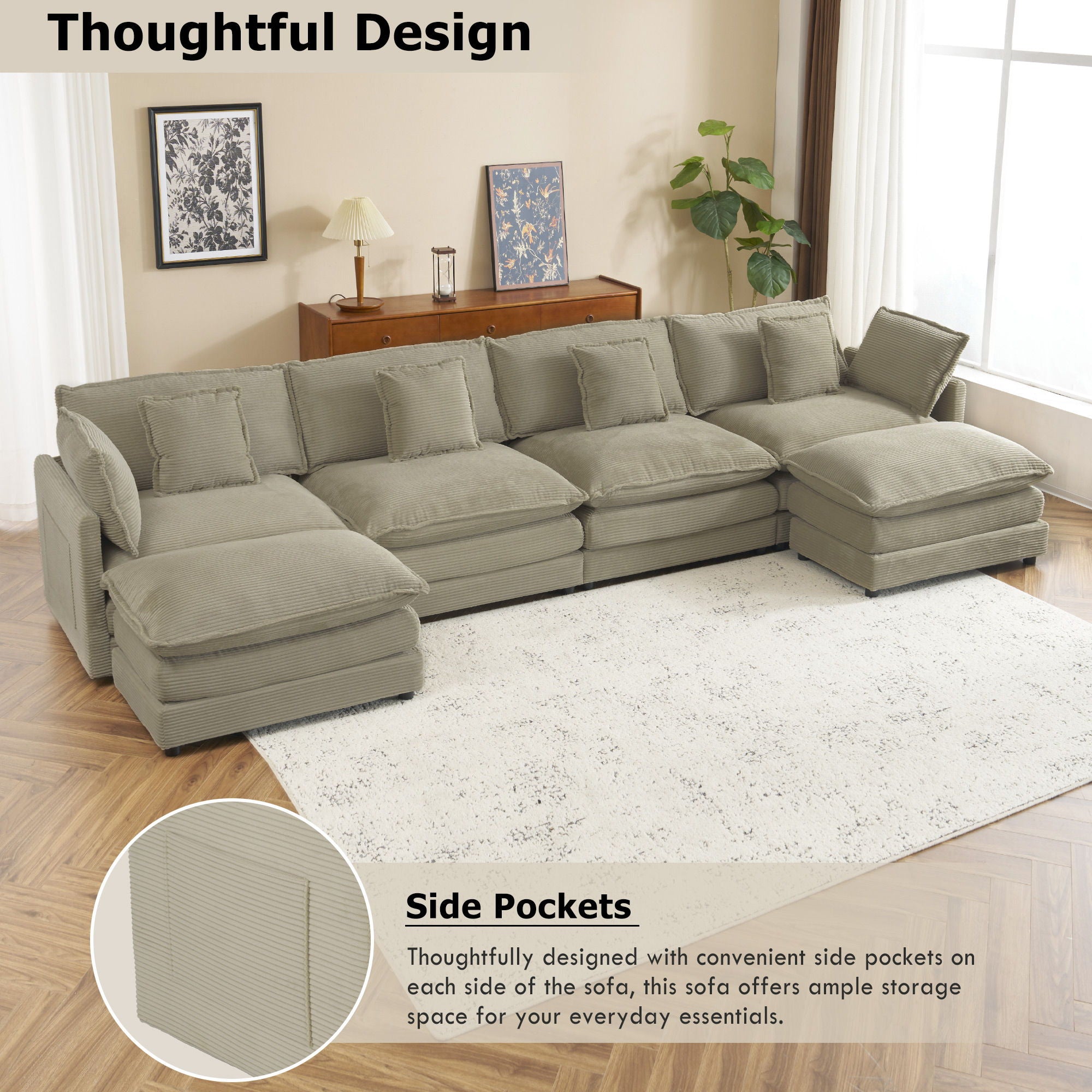 Modern Modular Sectional Sofa With Side Storage Pockets For Living Room