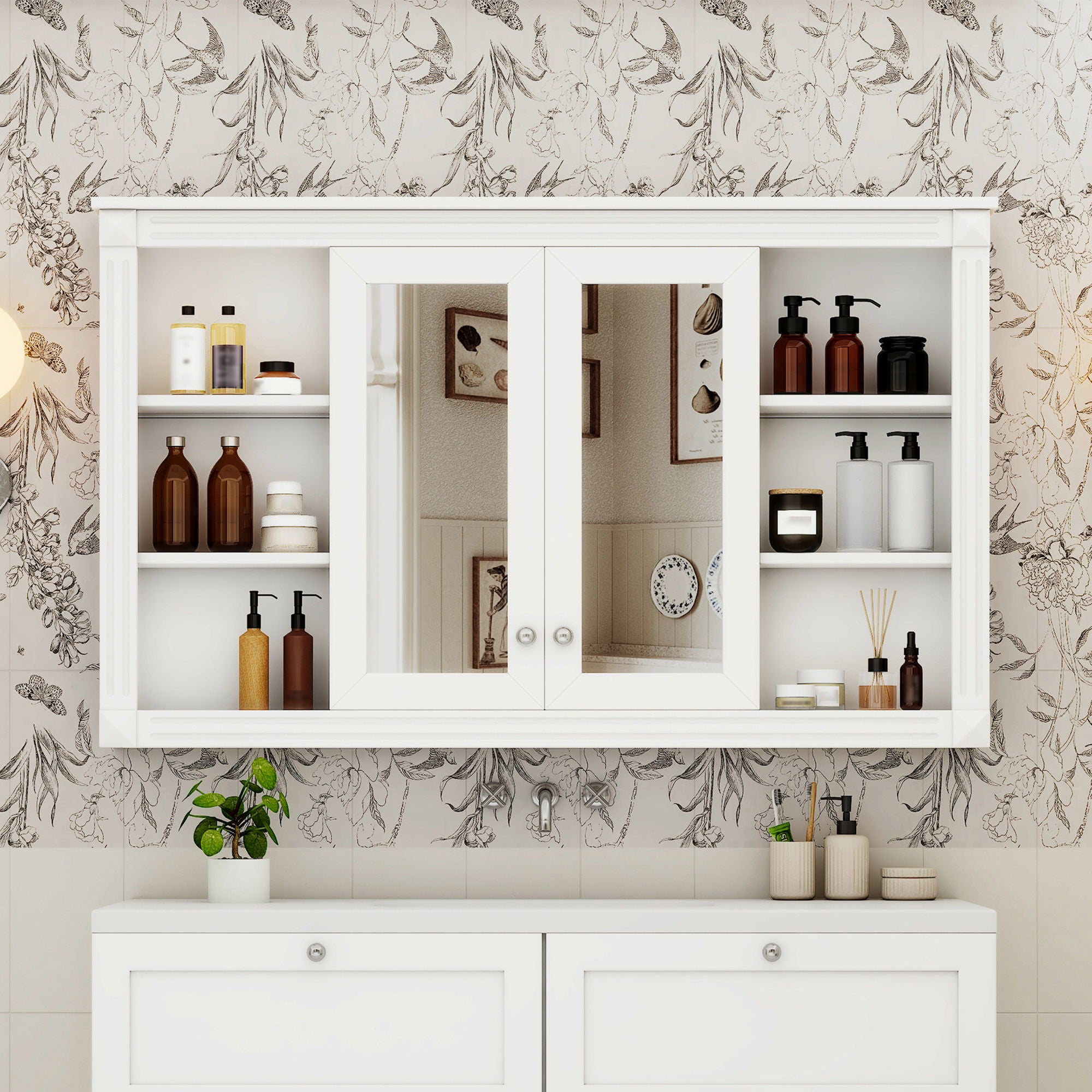 Wall-Mounted Mirror Cabinet With Adjustable Shelf And Open Shelves
