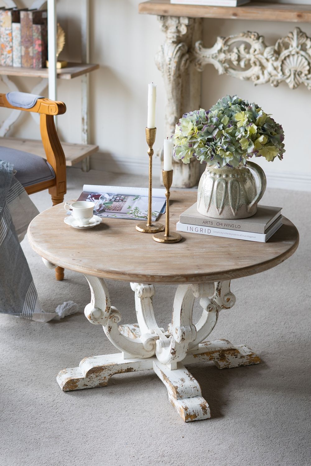 Round Wooden Coffee Table With Distressed Scrollwork Legs - Multicolor - Best Buy Furniture