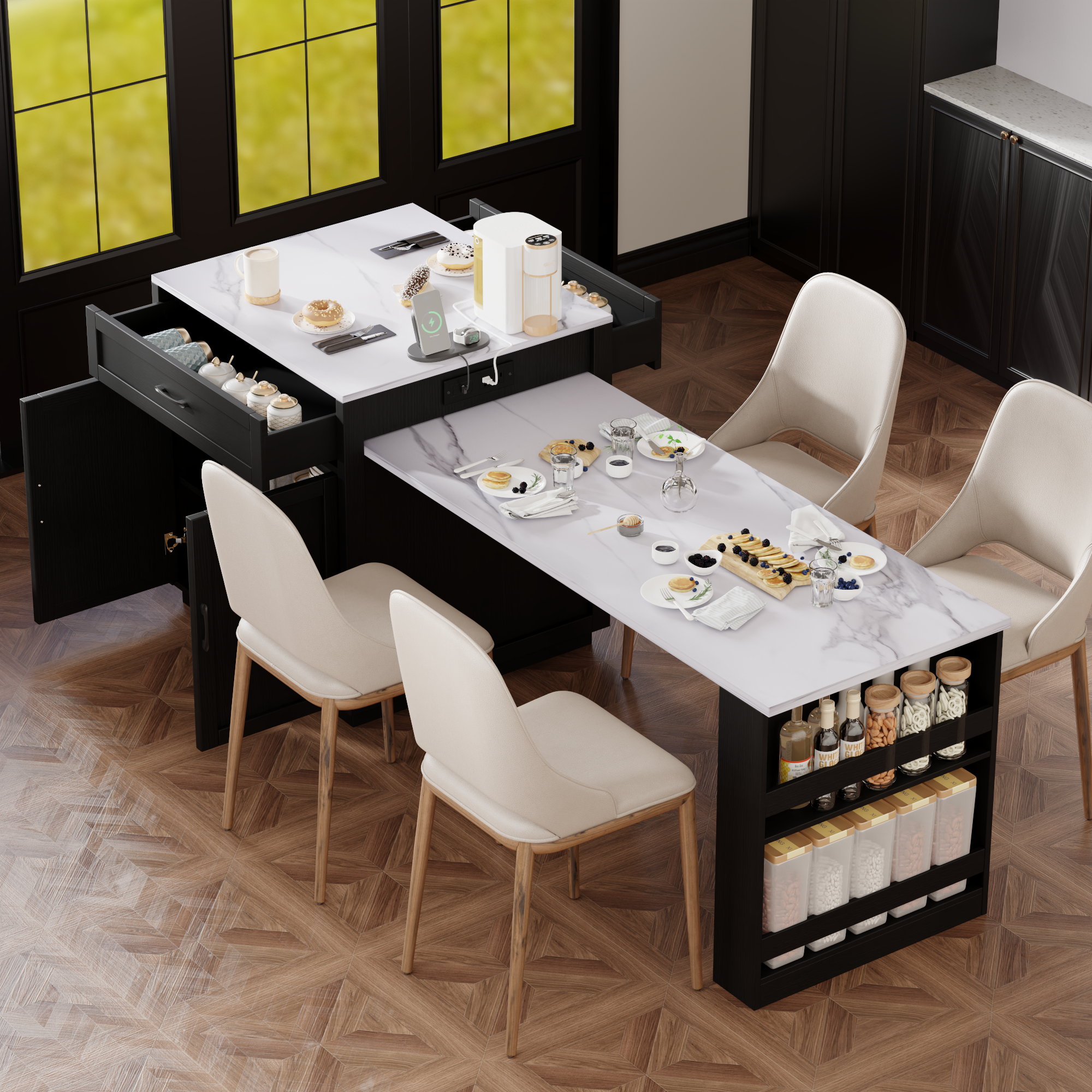 K&K 82.7" Extendable Kitchen Island with Faux Marble Top, Black