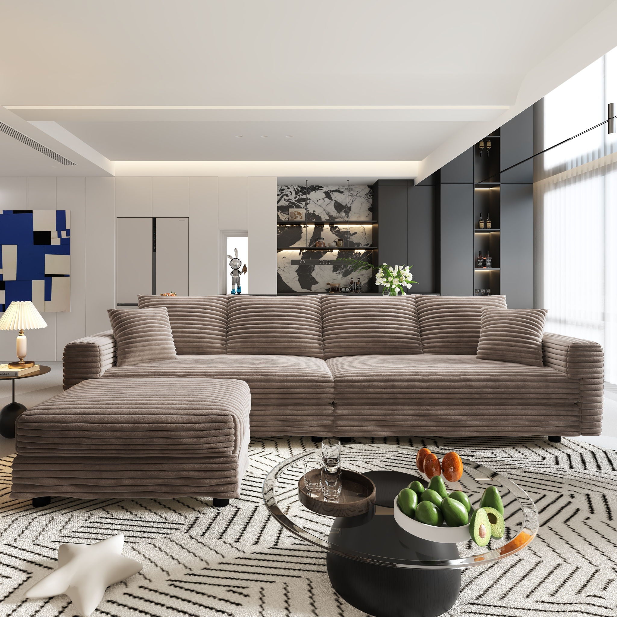 Deep Seat Convertible Sofa With Soft Pillows And Ottomans