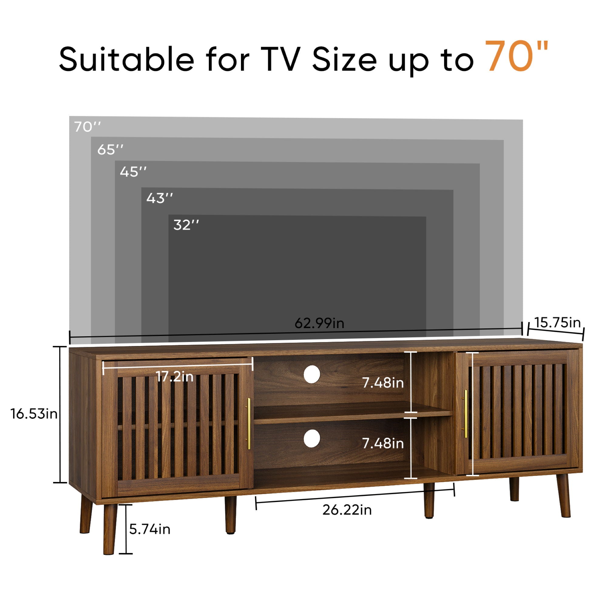 TV Stand With 2 Grille Door Cabinets And Adjustable Storage Rack, Suitable For Medieval Modern TV Cabinets, Entertainment Center With Storage Space - Walnut Wood