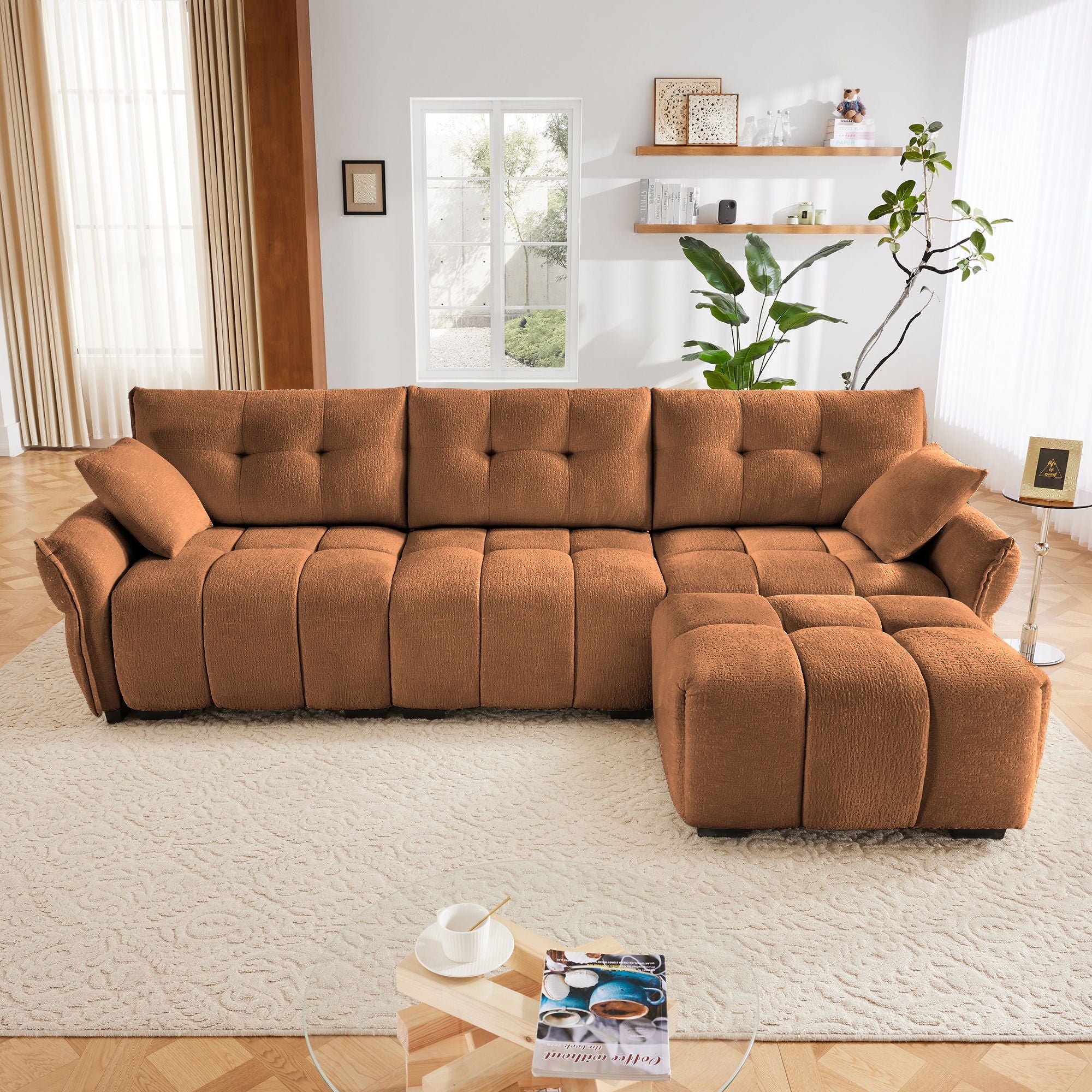 Sofa Set With Ottoman And Pillows, Textured, High Resilience Cushions