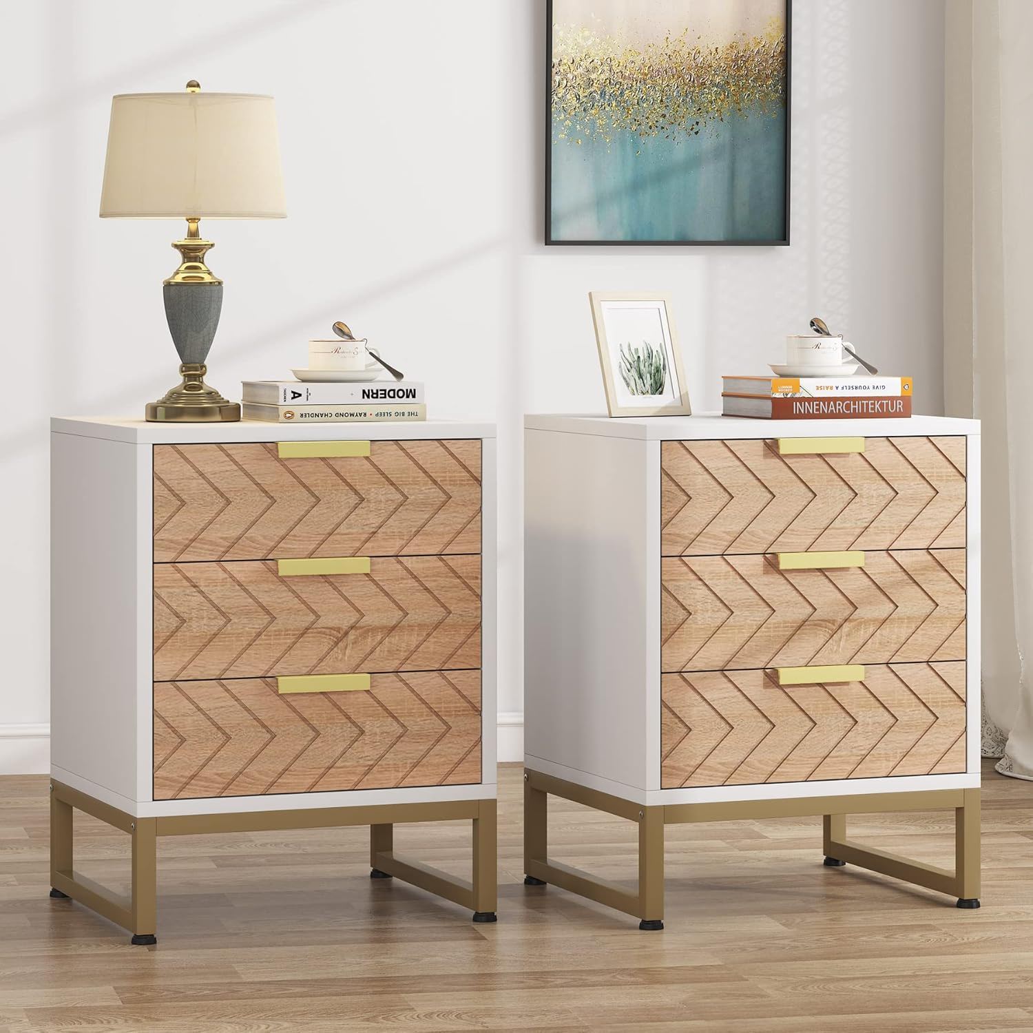 Nightstands With 3 Drawers, Zig Zag Design (Set of 2) - White / Oak