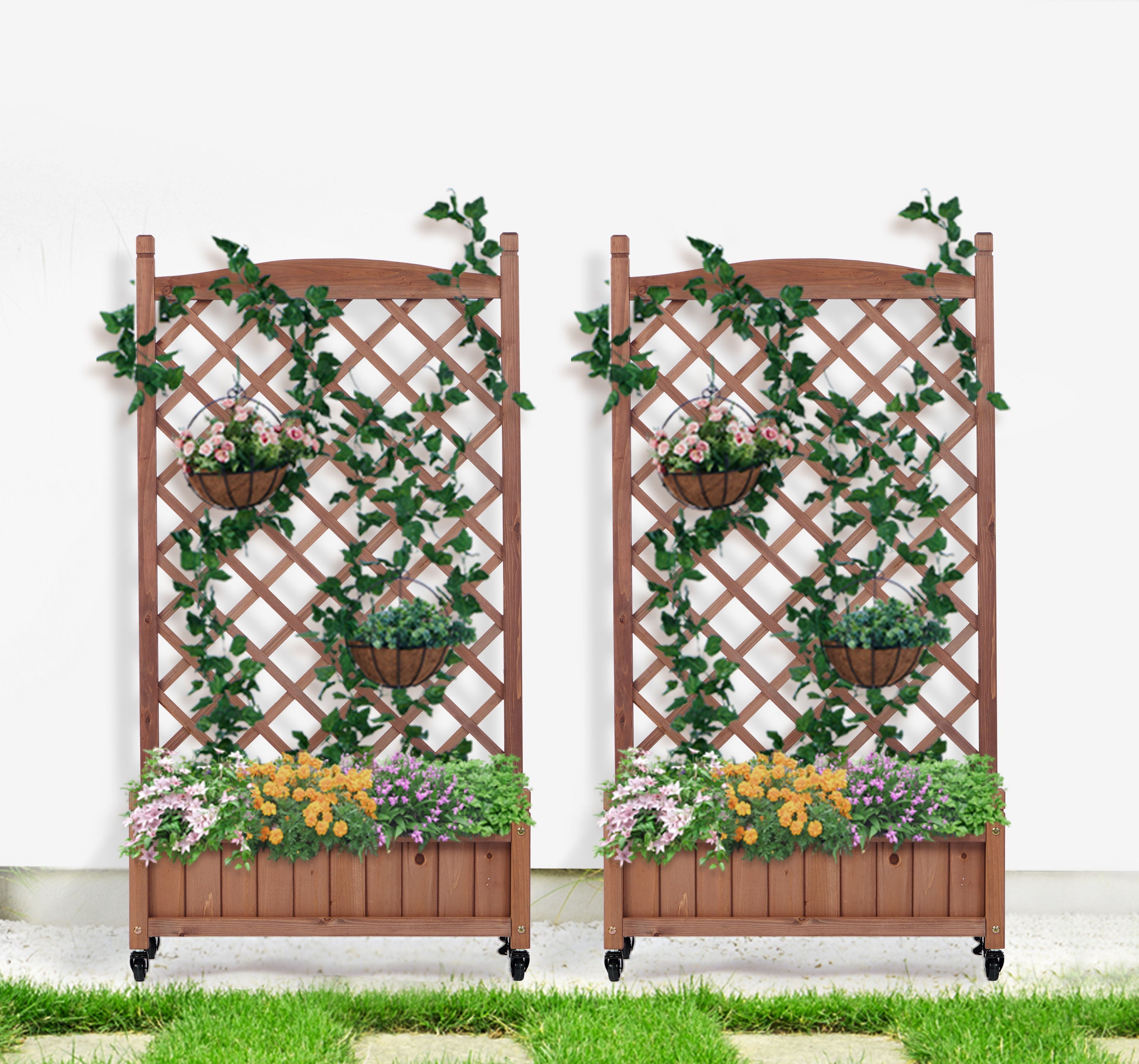 Raised Garden Bed With Trellis 2 Pack, Outdoor Planter Box & Plant Stand With Climbing Racks - Brown