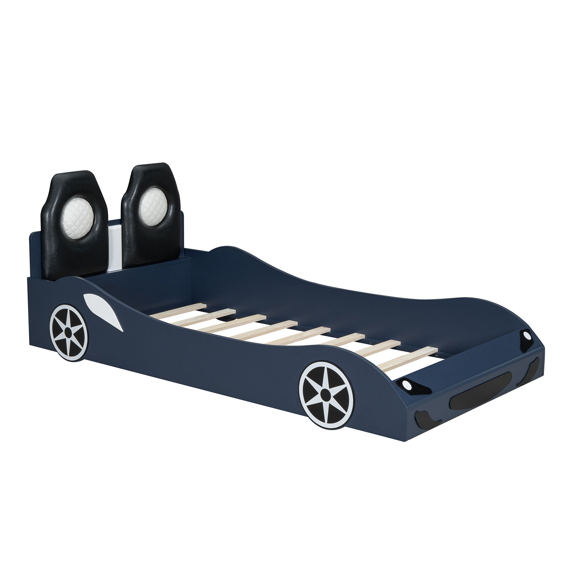 Race Car Shaped Platform Bed With LED And Upholstered Backrest In