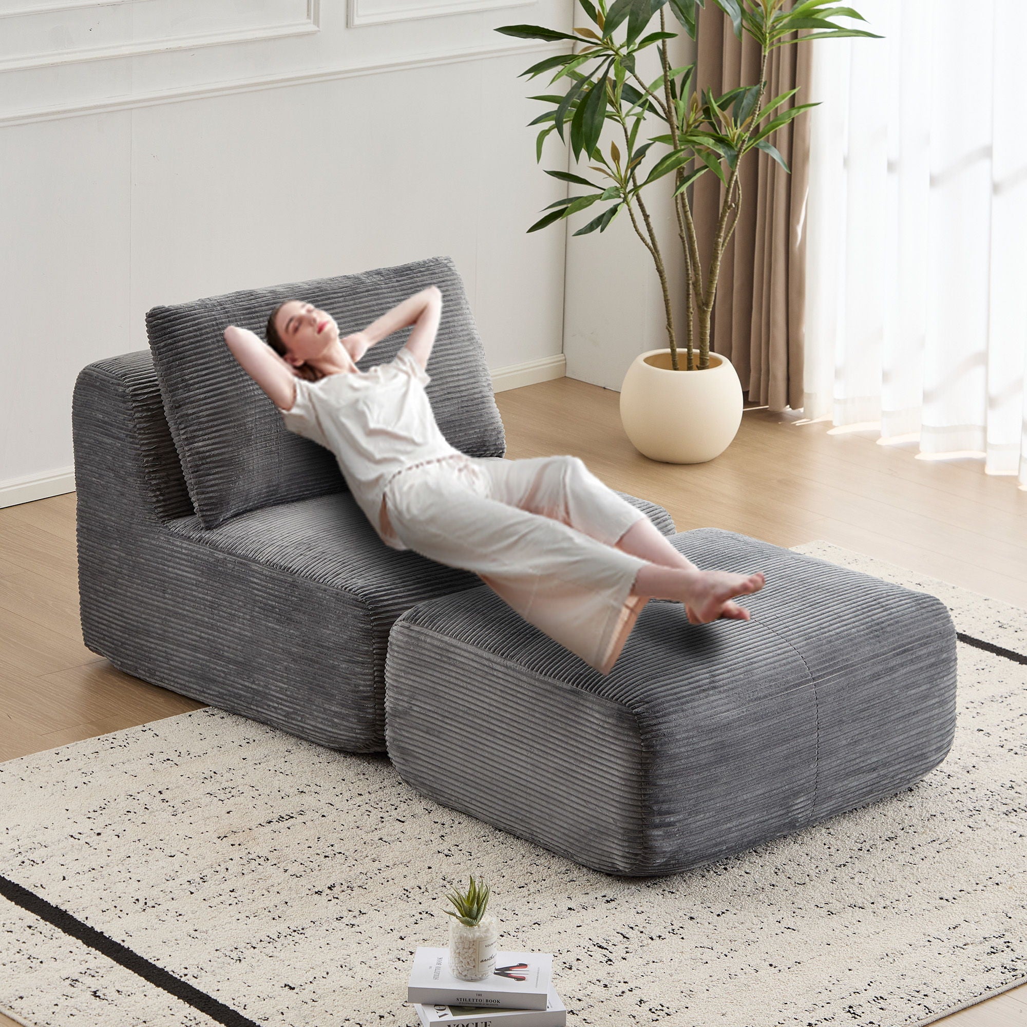 Compressed Sofa, Single Chaise Longue, Movable Ottoman For Living Room - Gray
