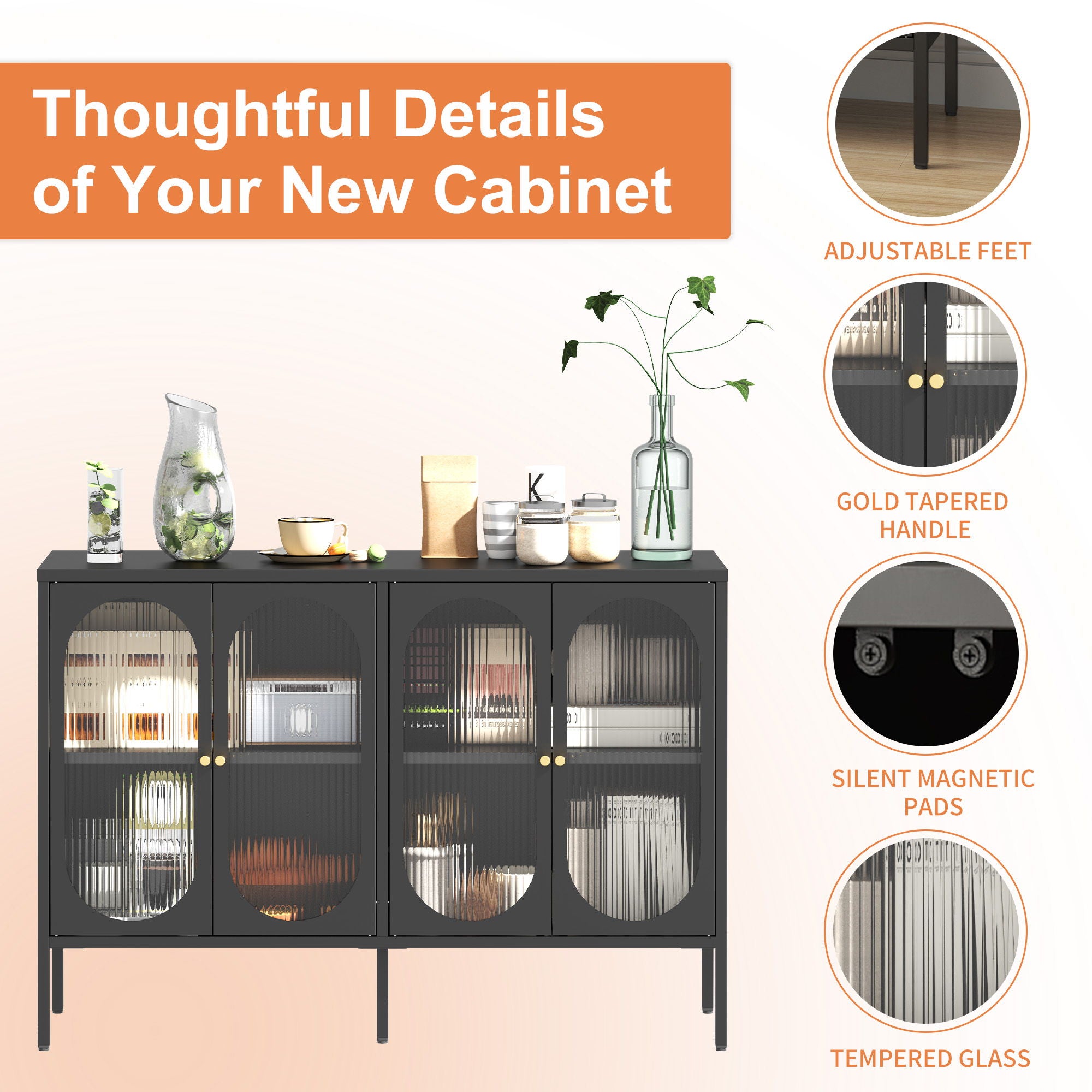 Modern Metal Sideboard Cabinet With 4 Glass Doors, Steel Kitchen Storage And Coffee Bar Cabinet - Black