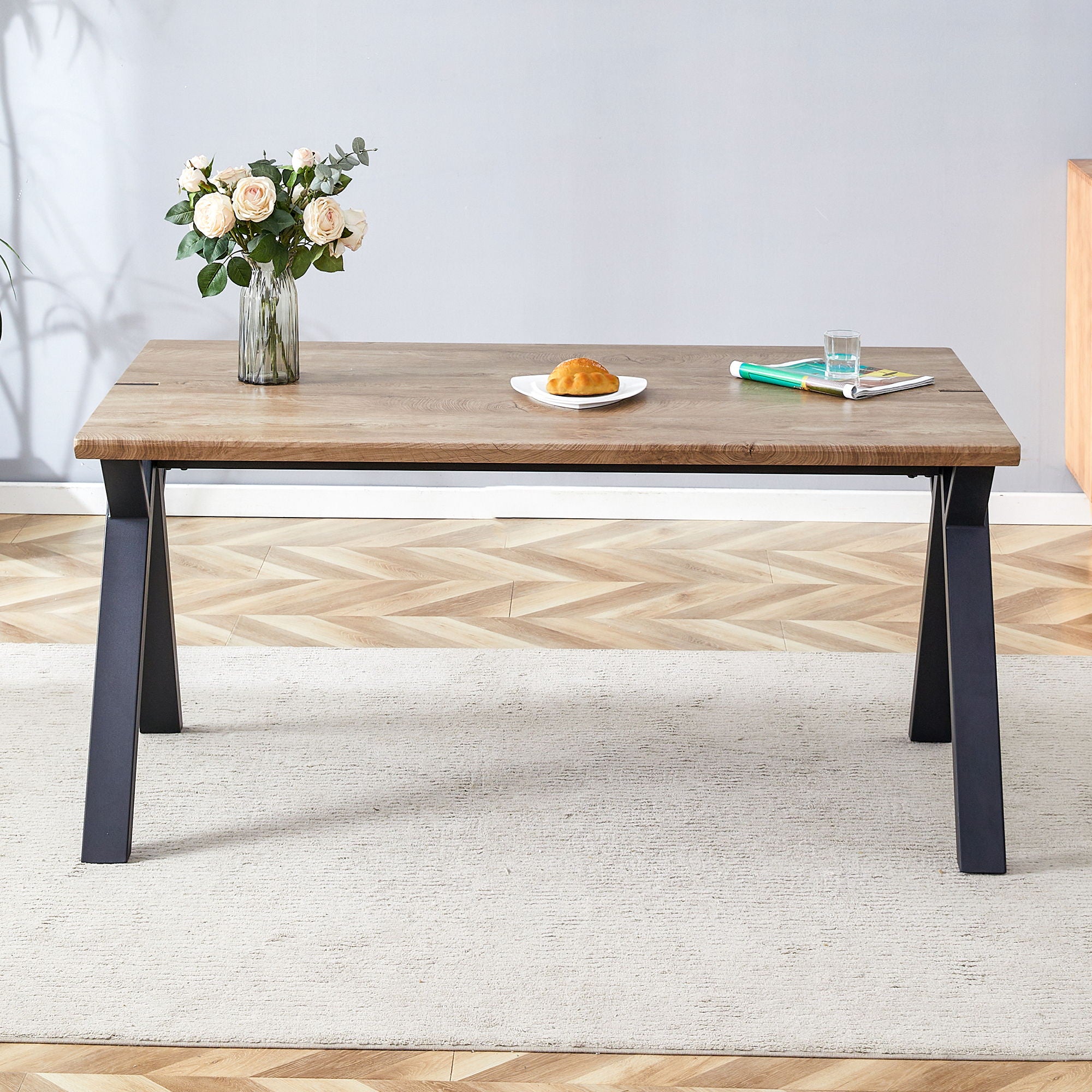 Wood Textured Dining Table With A Frame Legs.Density Board Sticker Pipe Spraying, Suitable For Various Occasions Such As Living Rooms - Black