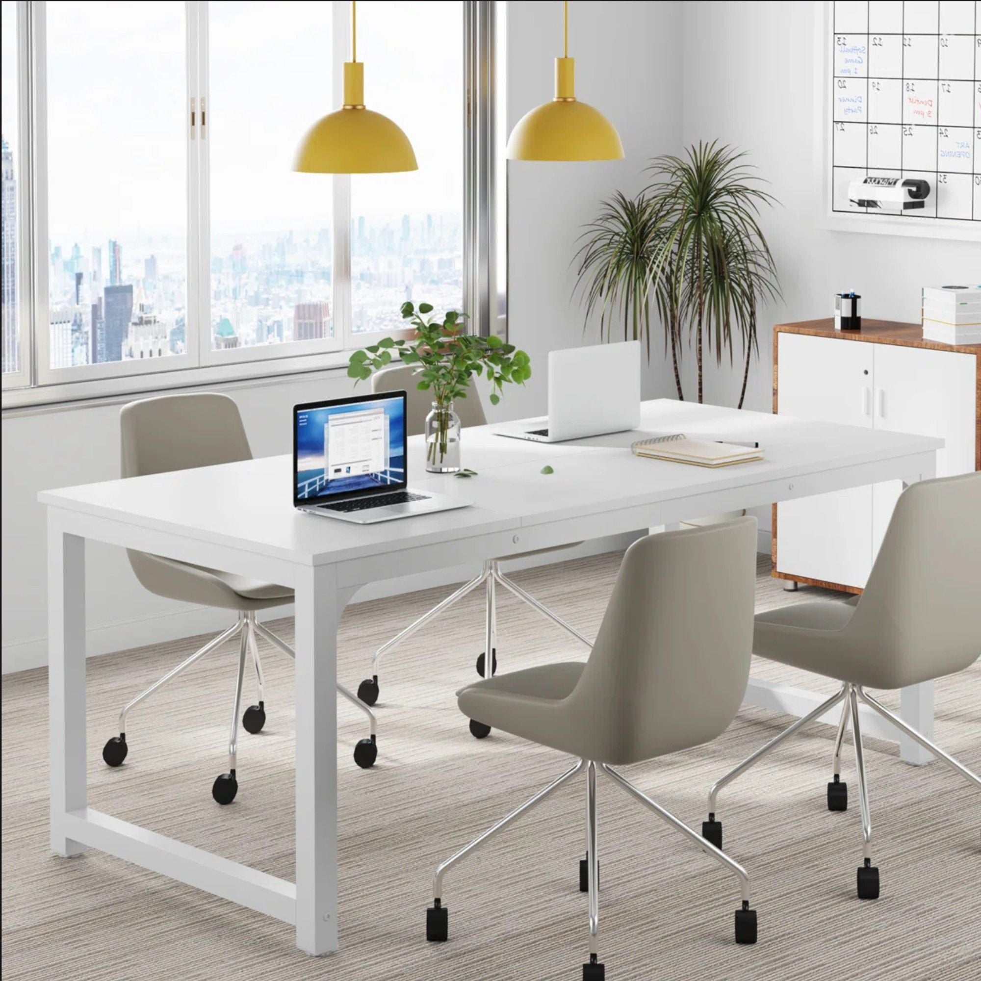 Executive Desk, Large Office Computer Workstation With Thick Frame - White