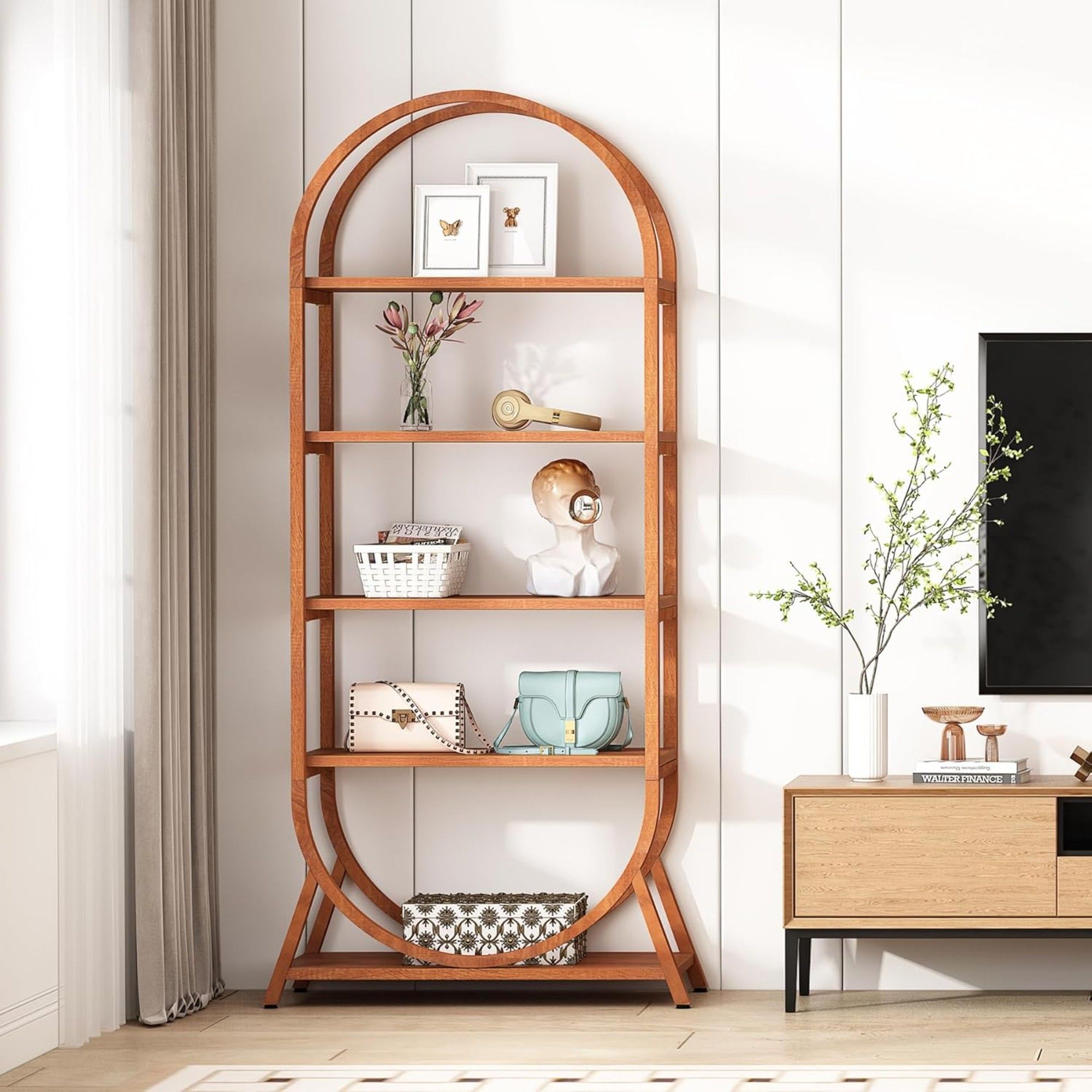 Arched 5 Tier Open Bookshelf For Office - Brown