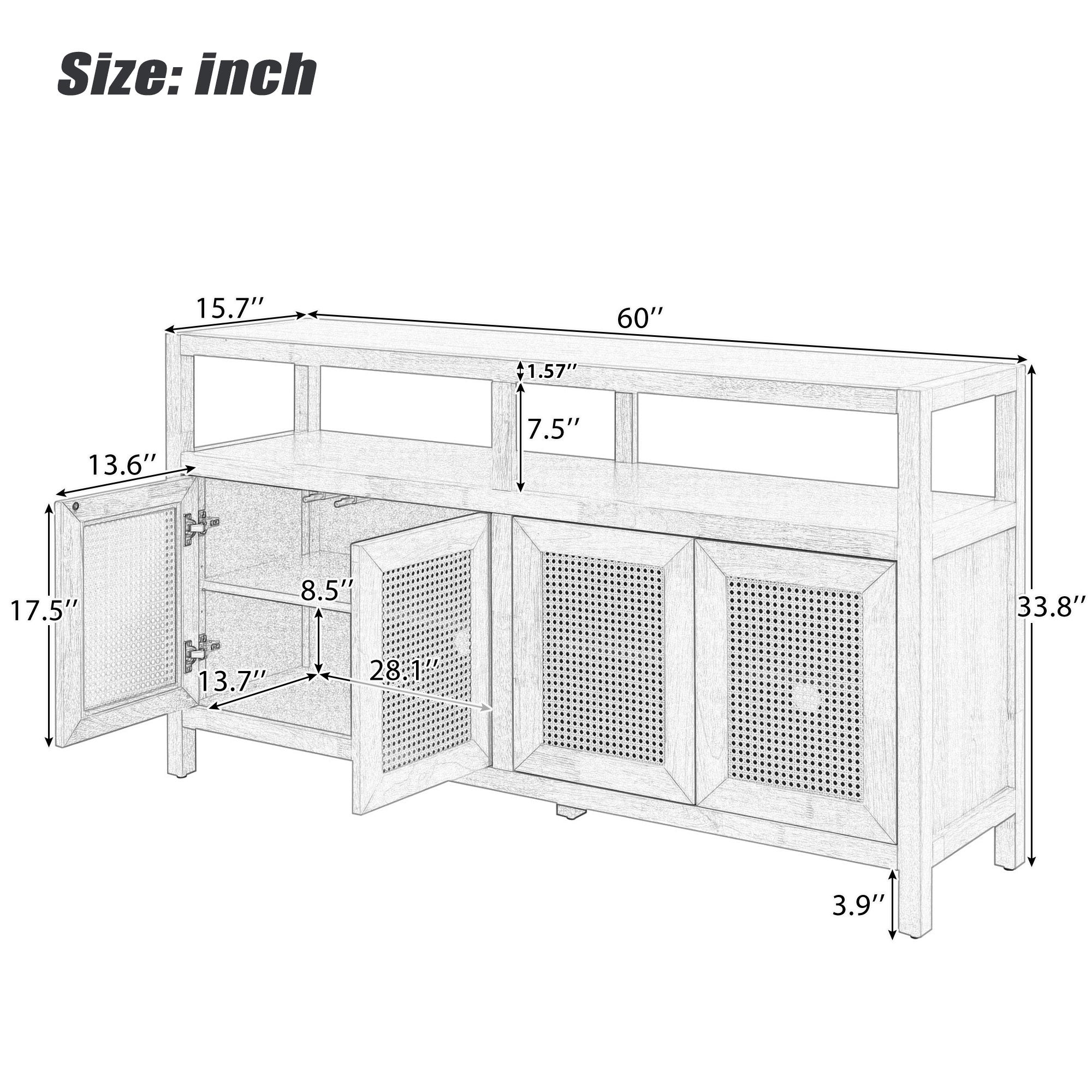 TREXM Bohemian Style Rattan Buffet Storage Cabinet with Solid Wood Frame