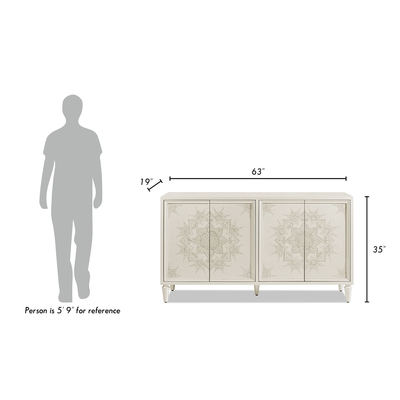 Mahal - Hand Painted Mandala Lacquered Sideboard - Ivory Off-White