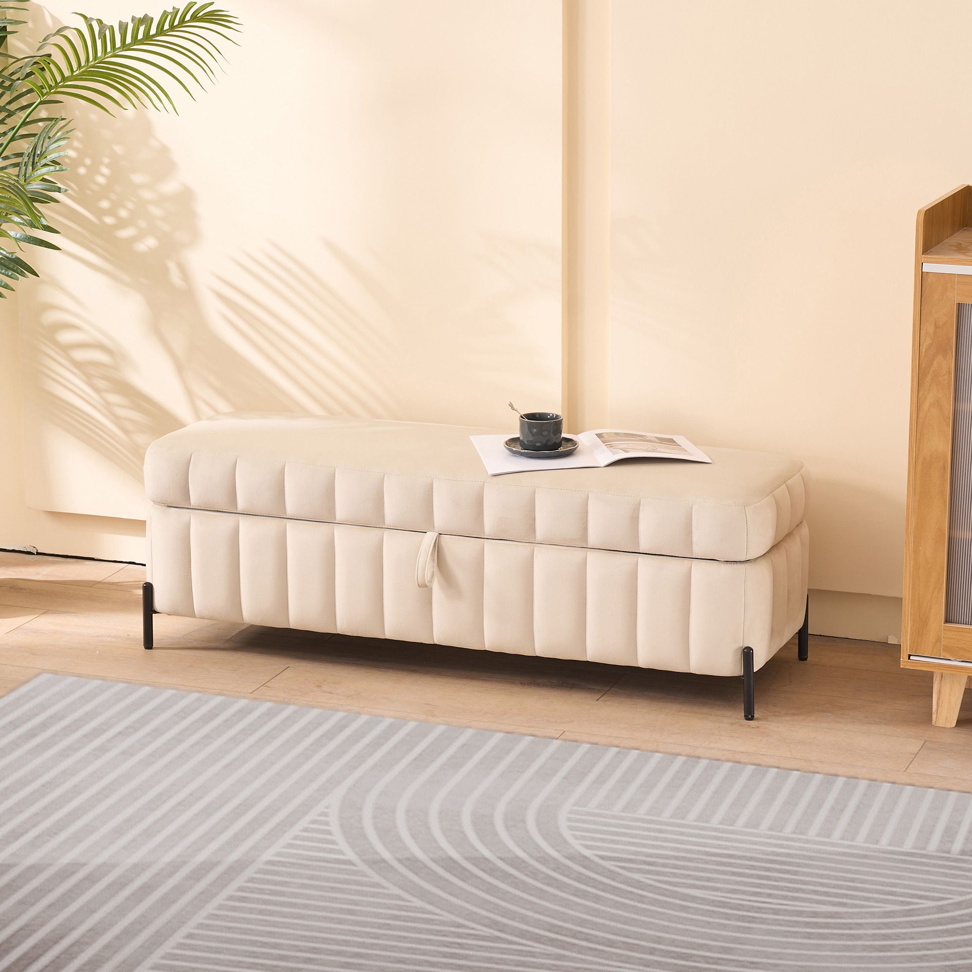 Wide Upholstered Velvet Storage Soft Bench Ottoman With Metal Legs
