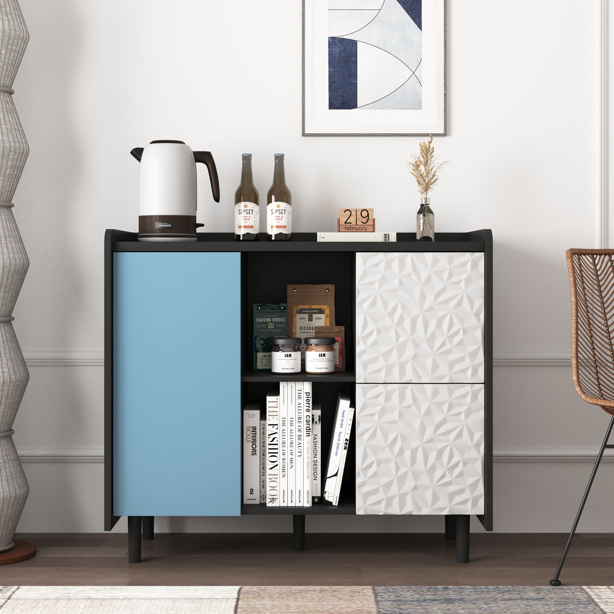 Modern Sideboard Buffet Cabinet With Red Doors And Unique Panel Styling