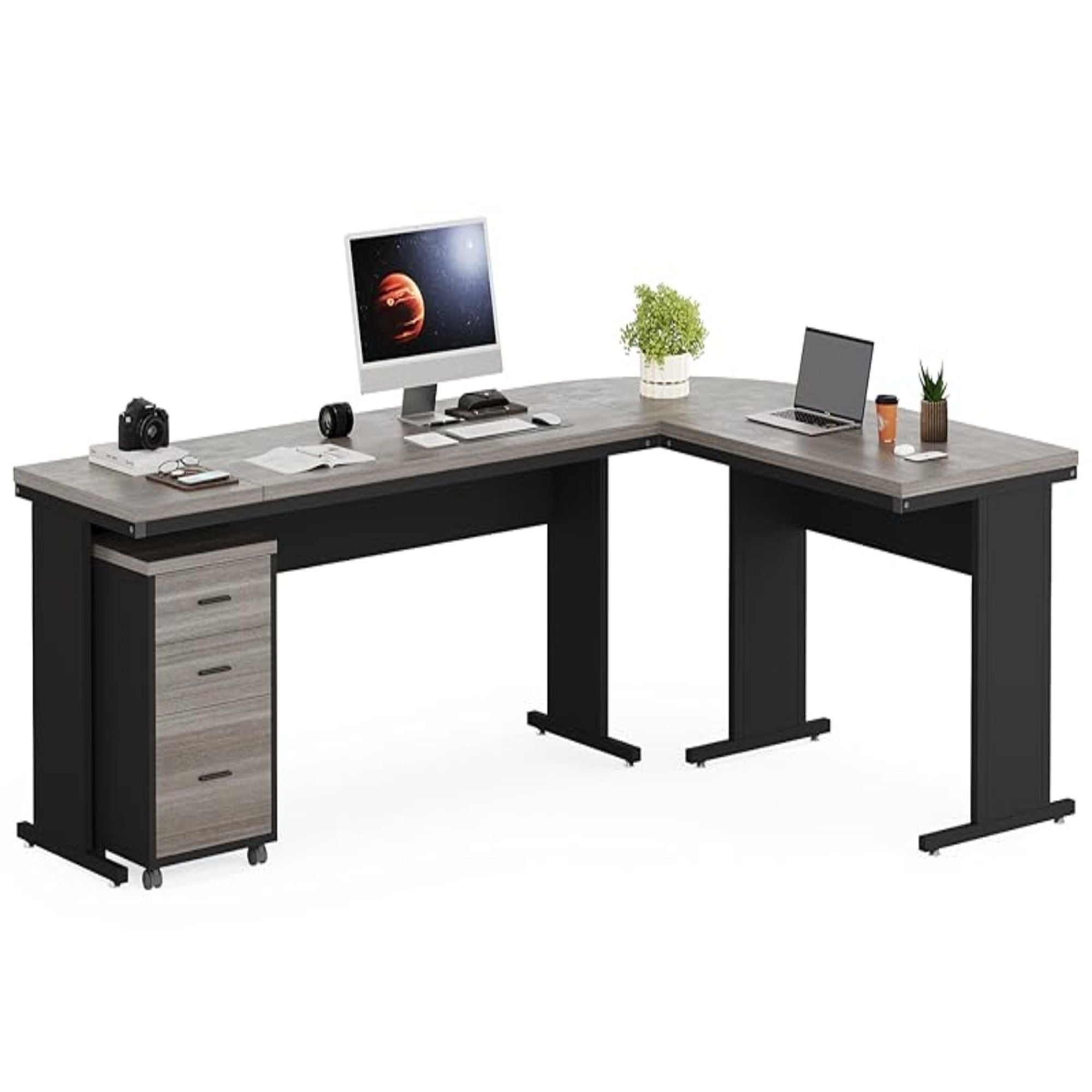 L-Shaped Executive Desk With Reversible Design, 3 Drawer Mobile File Cabinet For Home Office Workstation - Gray / Black