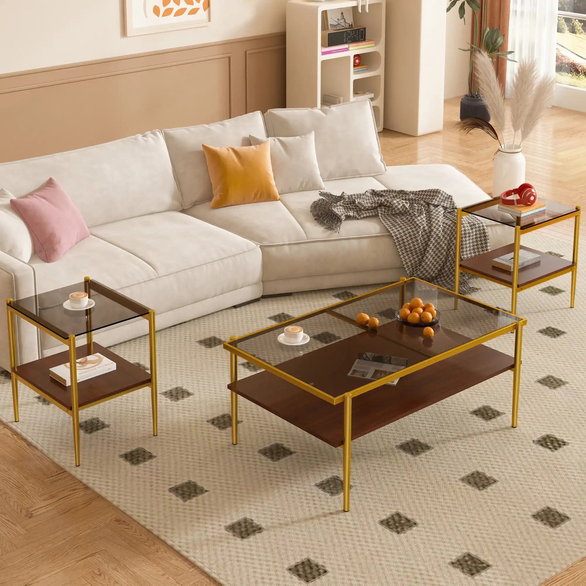 3 Piece Modern Glass Coffee & End Table Set, Gray