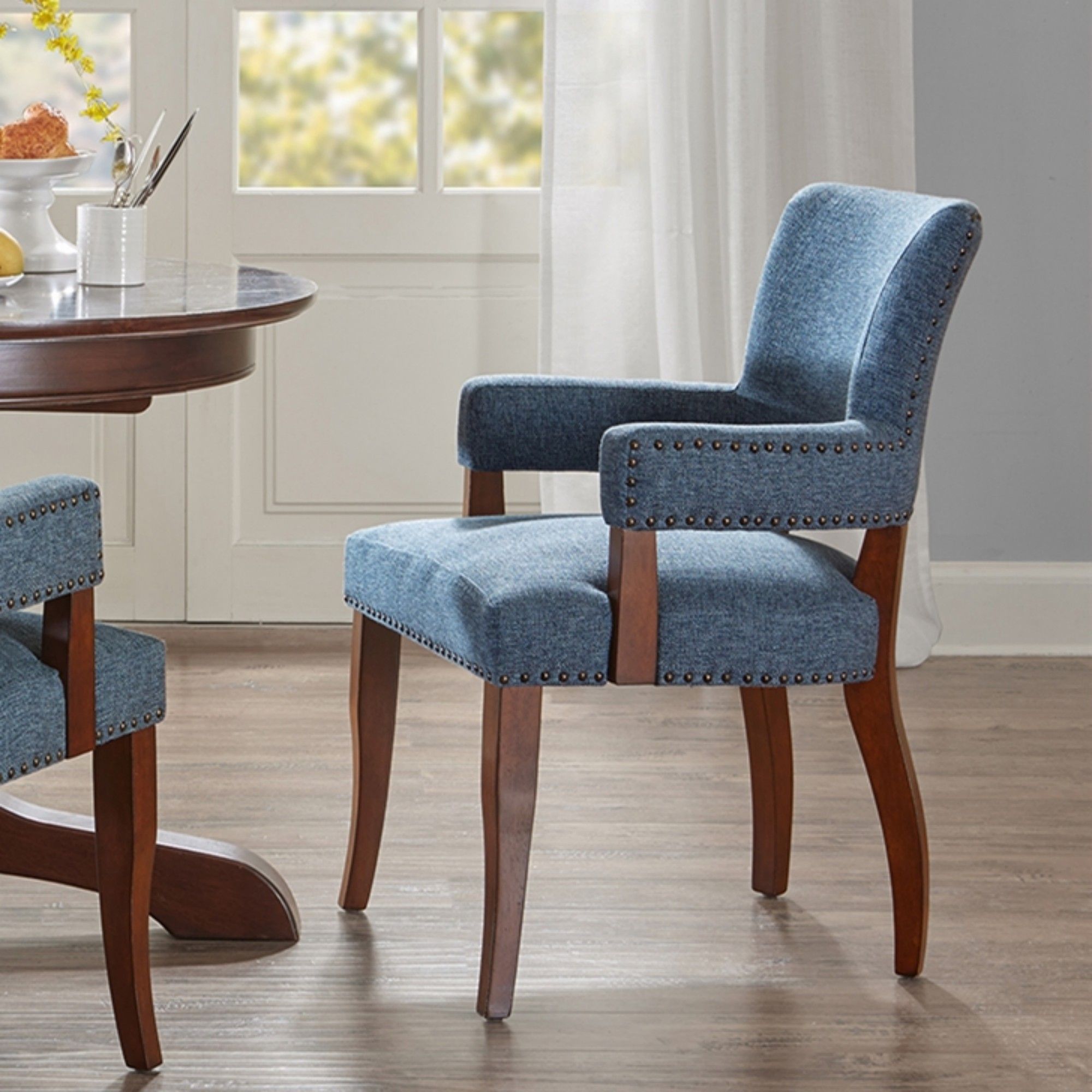 Elegant Arm Dining Chair With Brass Nail Head Detailing