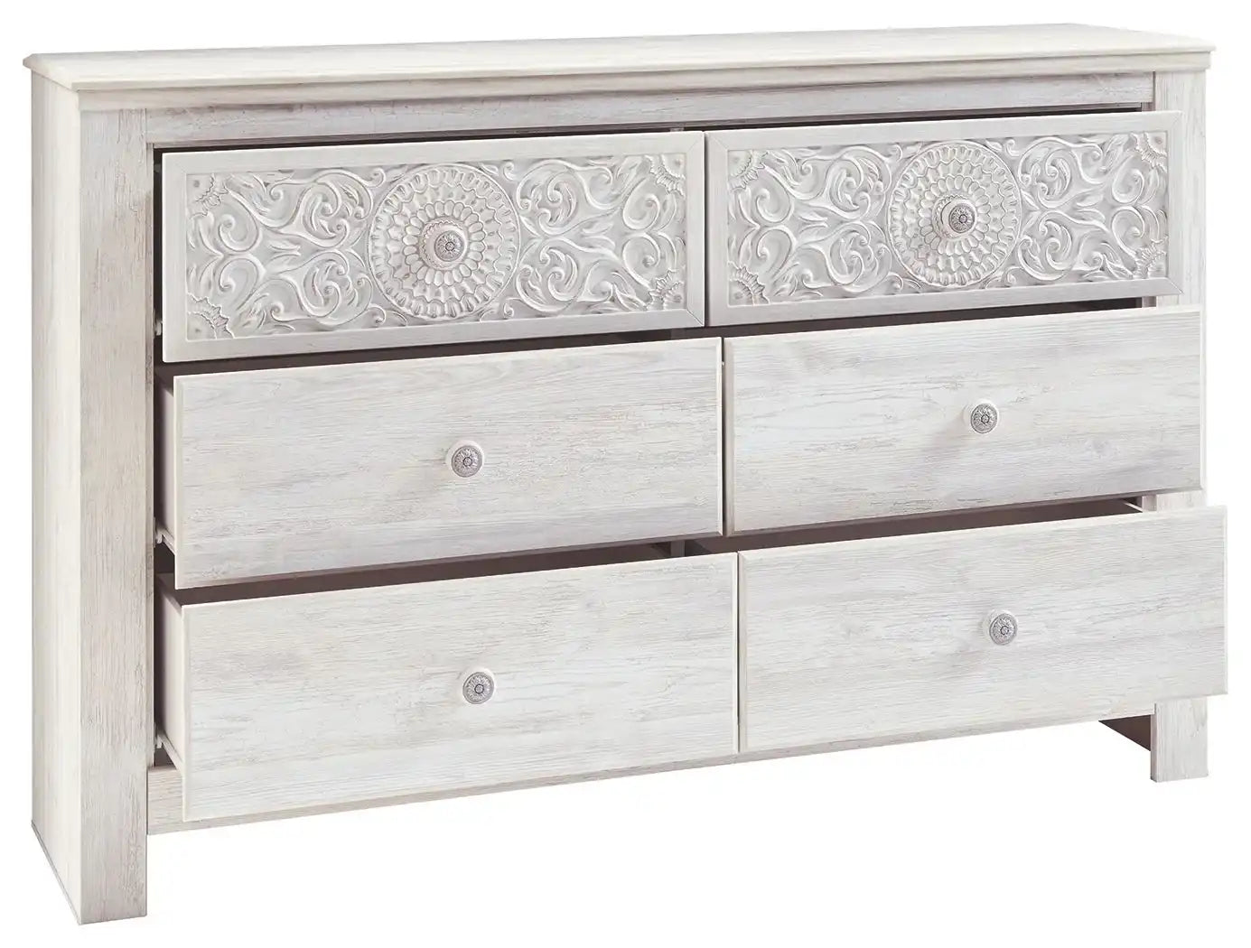 Paxberry - Six Drawer Dresser - Medallion Drawer Pulls - Whitewash