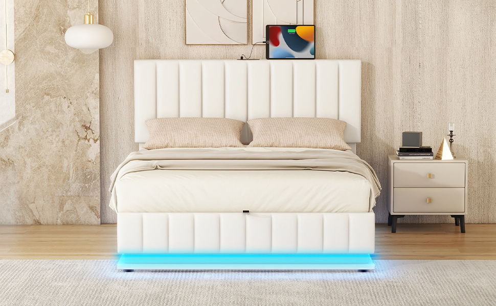 Upholstered Bed With Hydraulic Storage System And LED Light, With Sockets And USB Ports