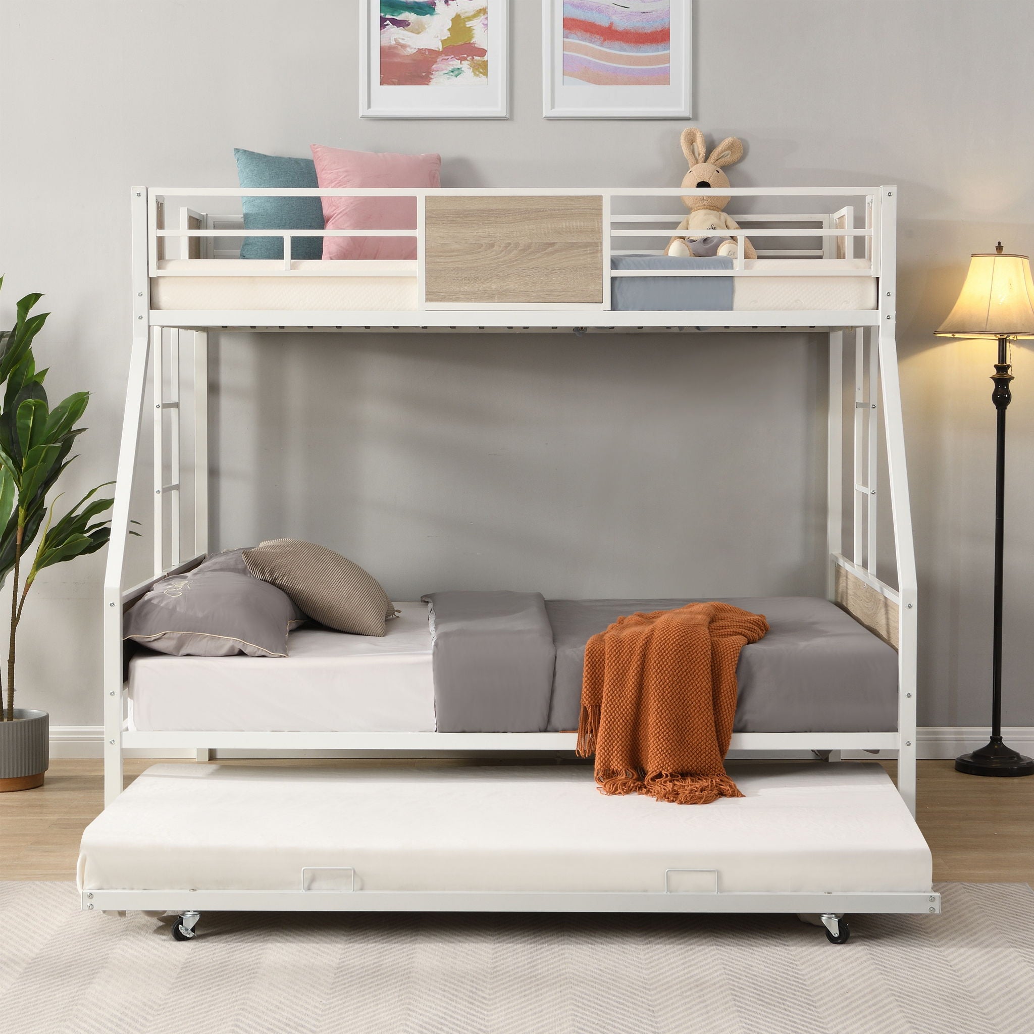 Modern Metal Bunk Bed With Side Ladders And Guardrail