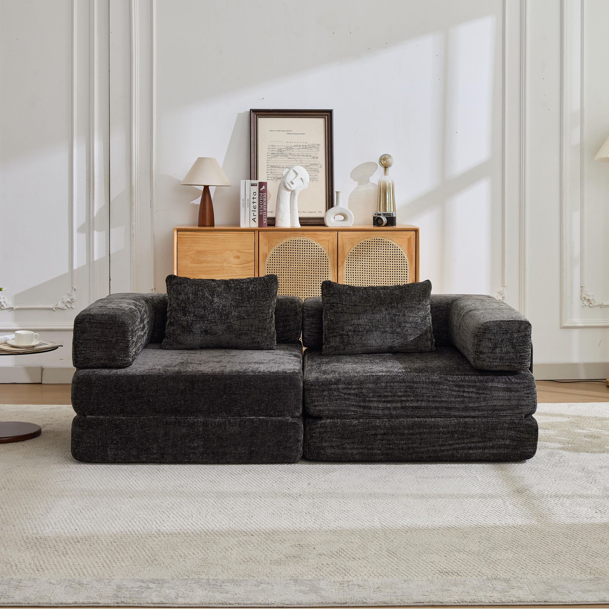 Convertible Floor Sofa Bed With Fixed Shape Frame, Loveseats Boneless Modular Sectional, For Living Room - Black