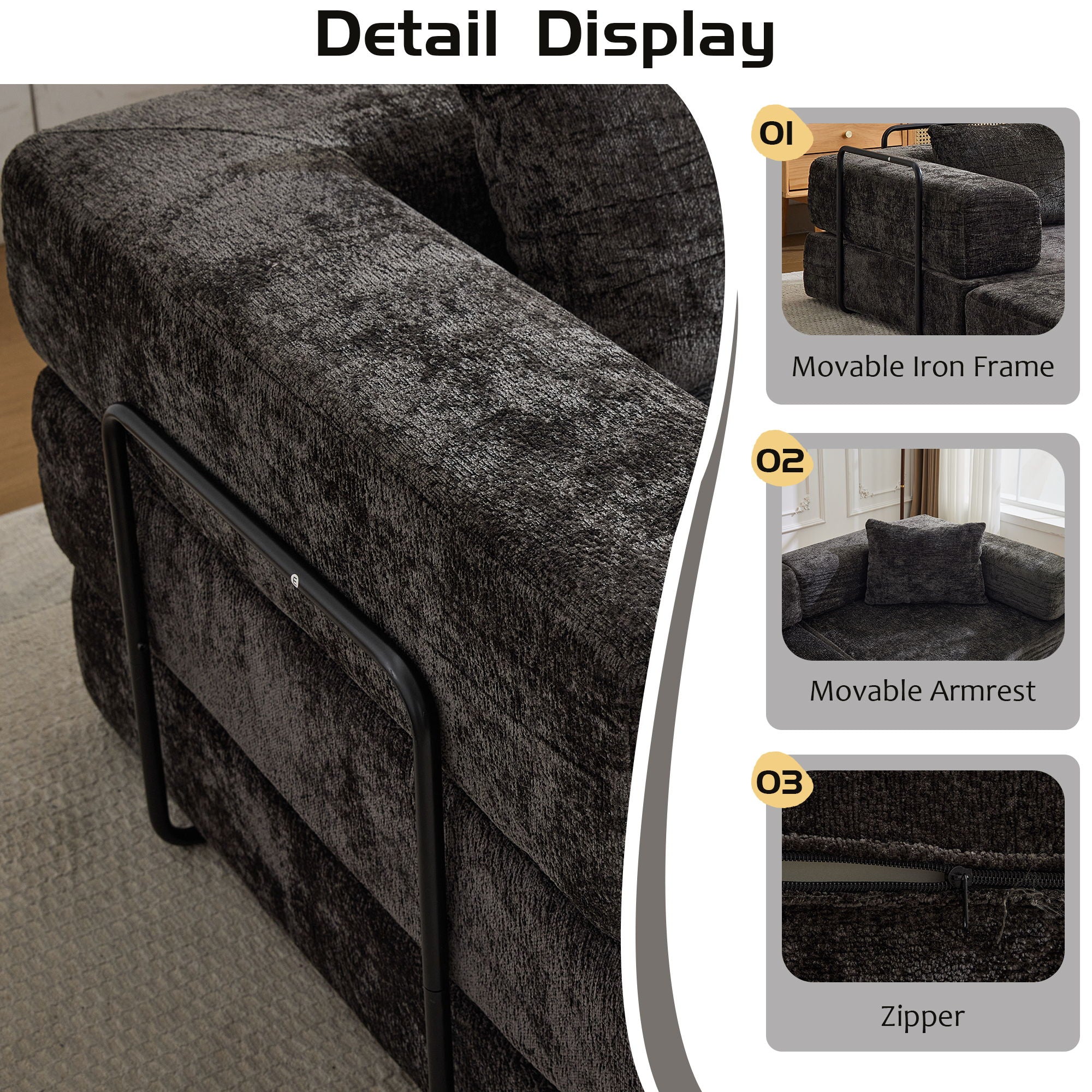 Convertible Floor Sofa Bed With Fixed Shape Frame, Loveseats Boneless Modular Sectional, For Living Room - Black