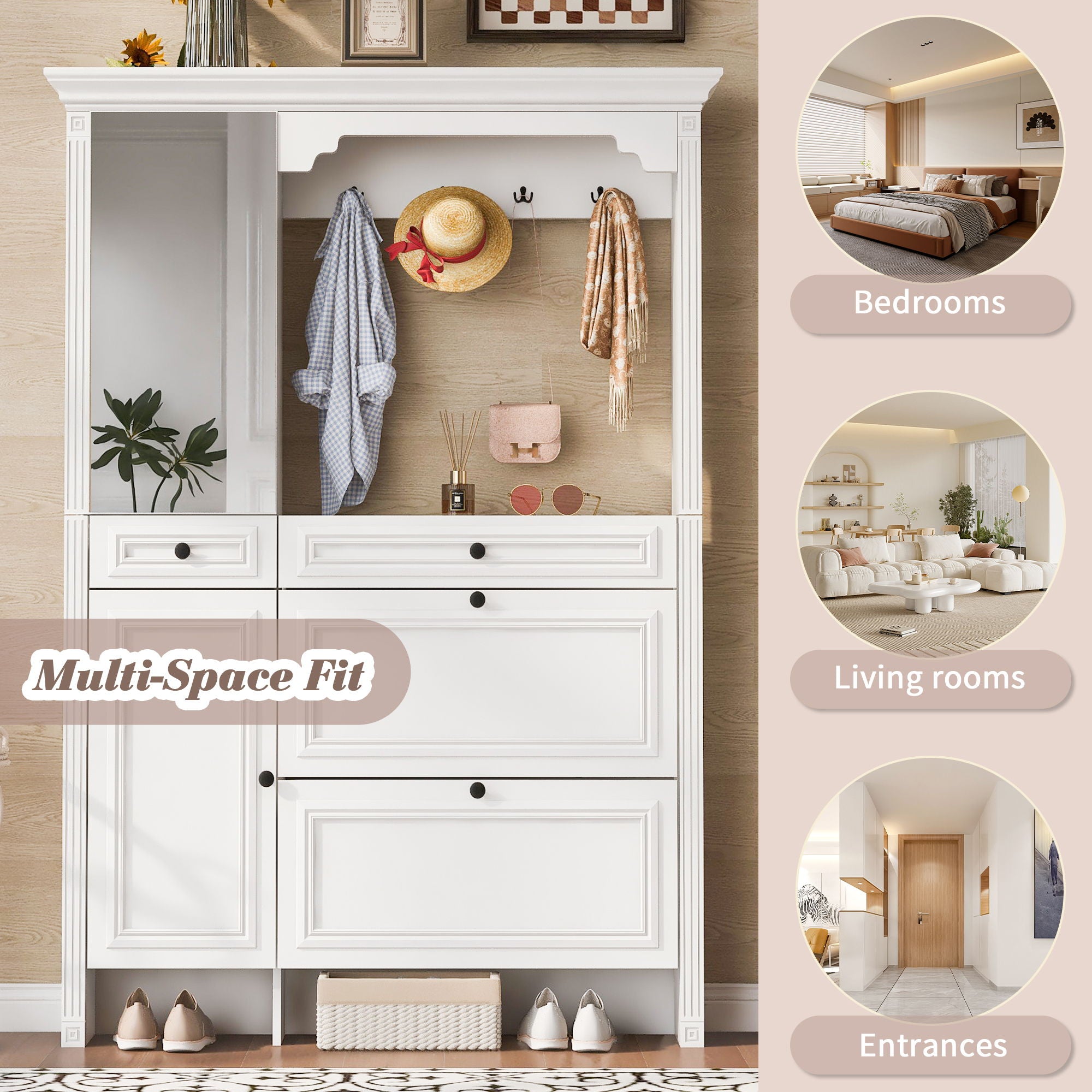 Hall Tree With Integrated Shoe Cabinet And Mirrored Cabinet Door, Coat Hanger, Entryway Bench, 4 In 1 Design, 2 Flip Drawers, 4 Hooks And 2 Cabinets For Entrance, Living Room - White