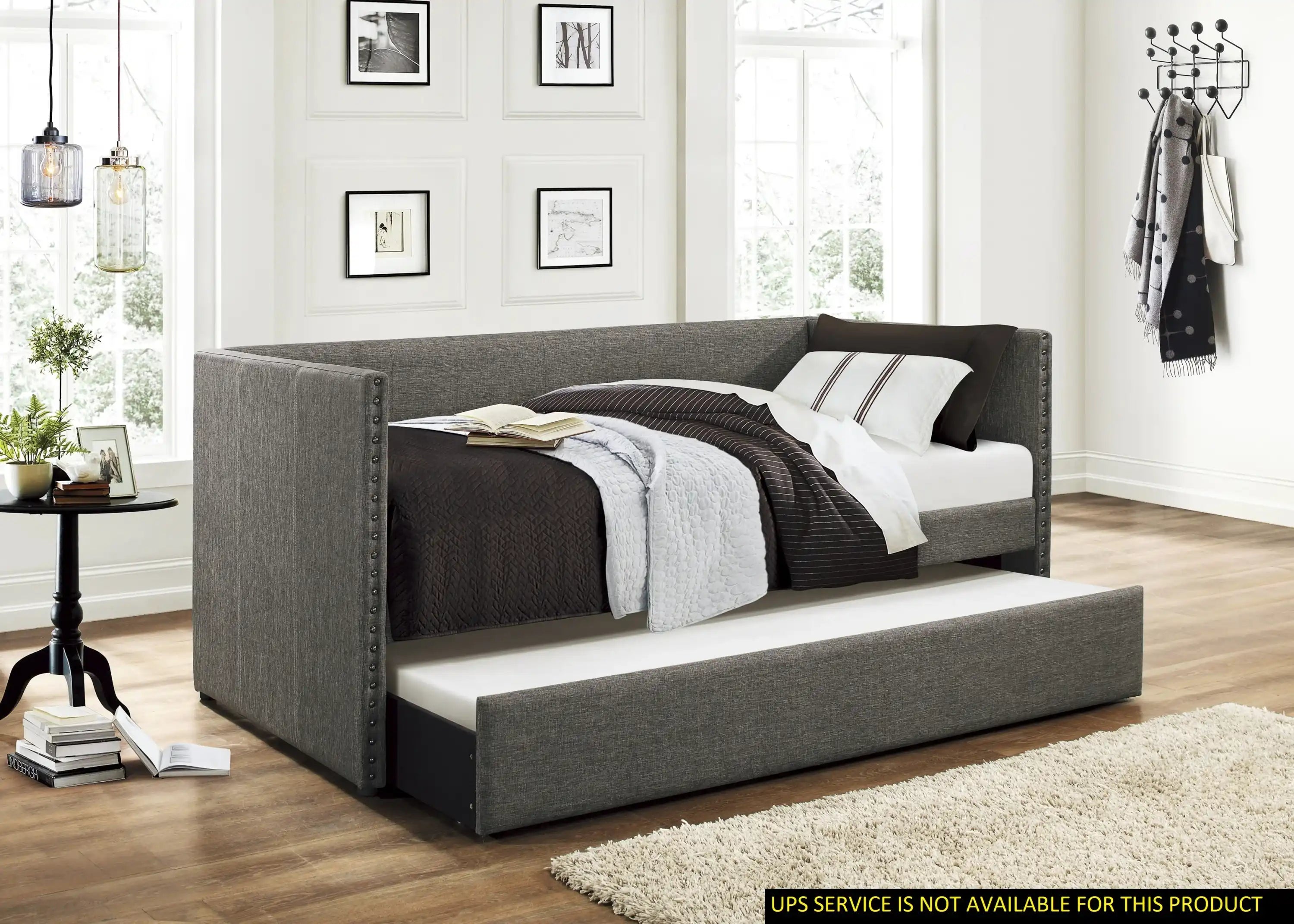 Gray Fabric Upholstered Day Bed with Pull-out Trundle Nailhead Trim