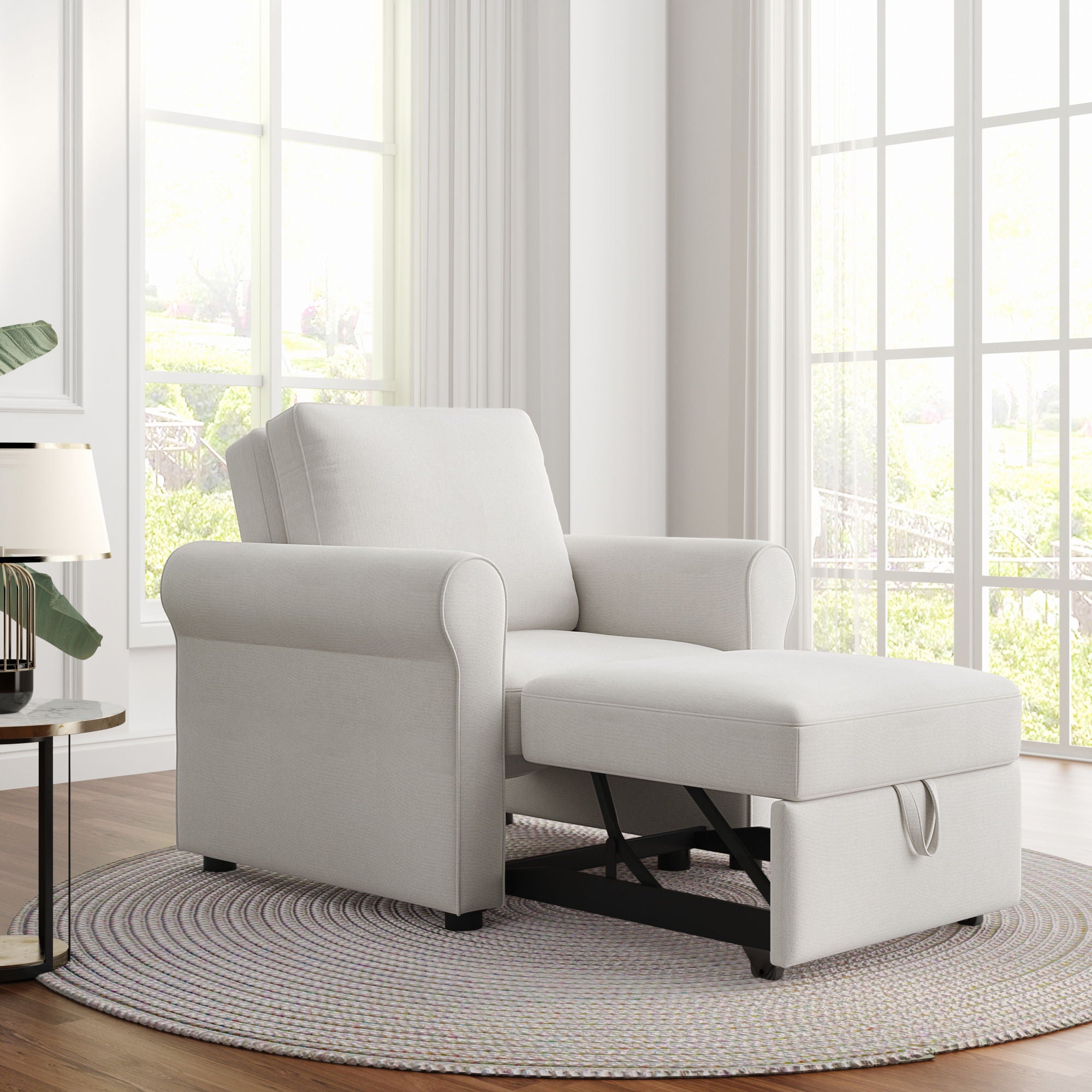 Modern 3 In 1 Convertible Sleeper Chair Bed, Linen Upholstery, Adjustable Backrest
