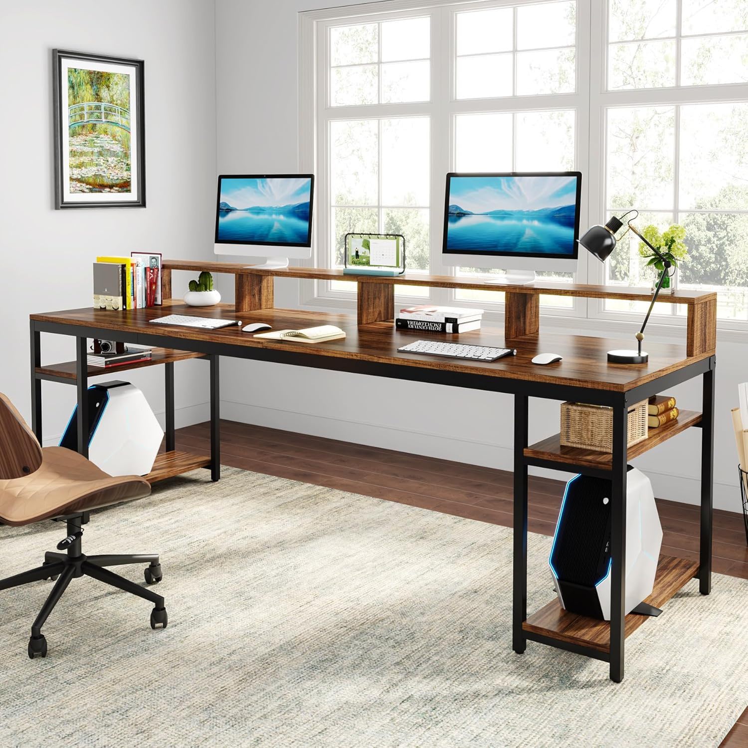 2 Person Desk With Monitor Stand, Long Office Workstation With Dual Storage Shelves And Frame - Brown / Black