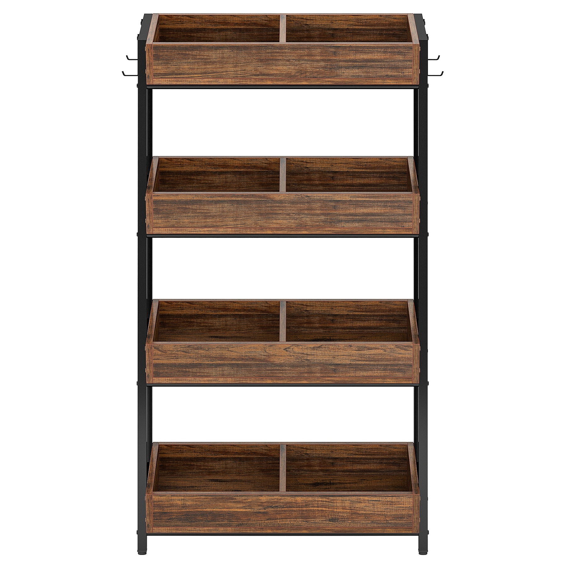 4 Tier Retail Display Rack With Hooks, Tall Metal Snack Stand With Shelves - Brown / Black