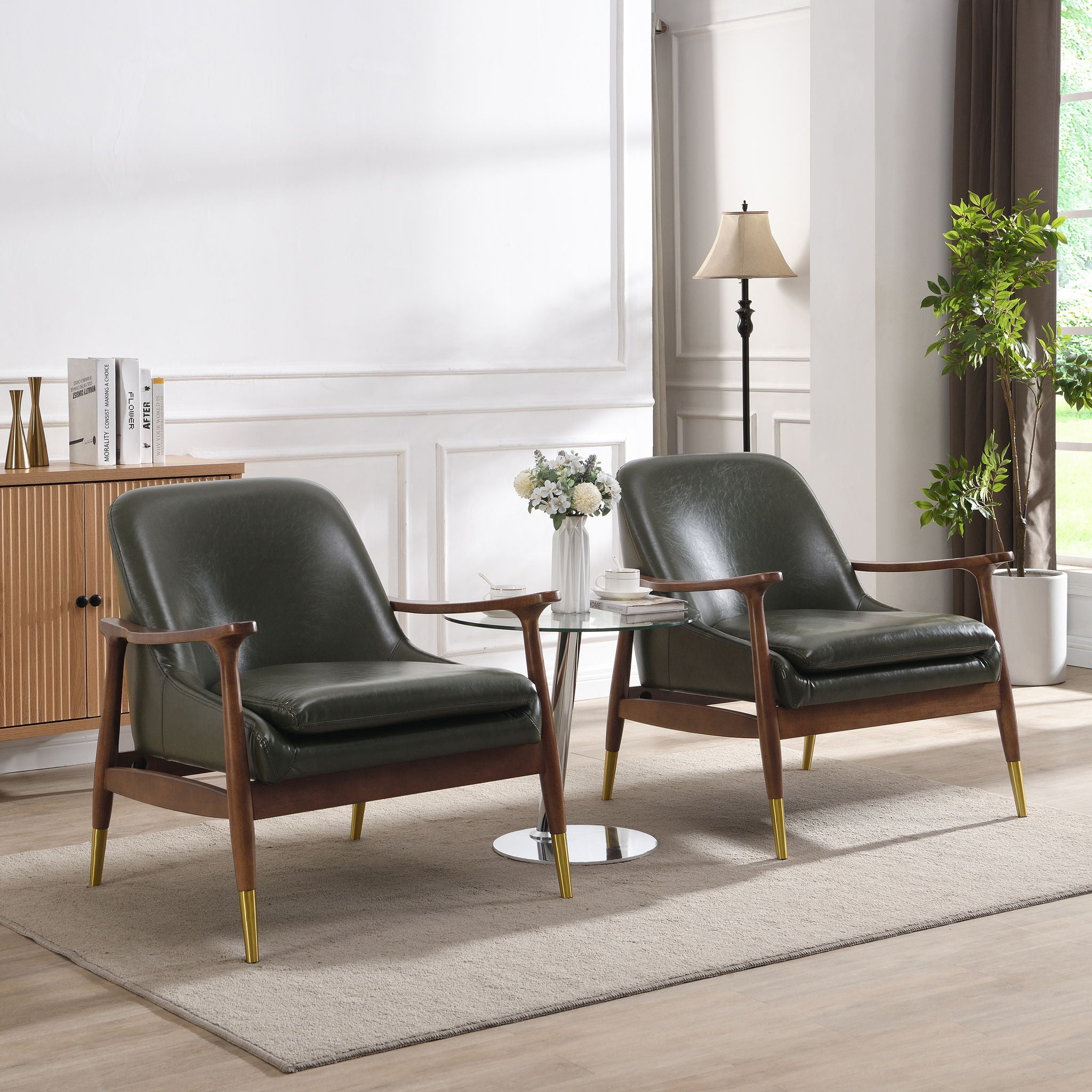 Mid - Century Accent Chair With Cushioned Seat, Brass Tipped Legs
