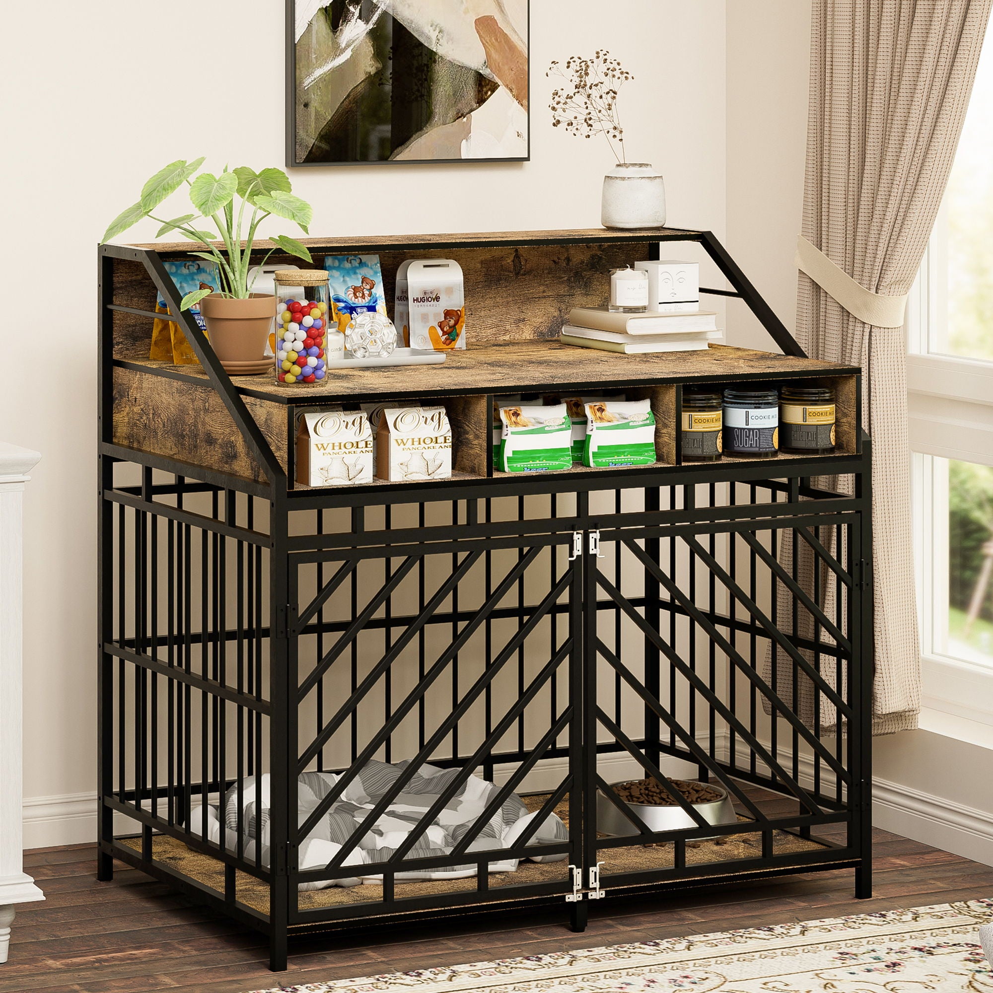 Wooden Dog Crate Furniture With Divider And Storage Drawers For Large Dogs - Rustic Brown