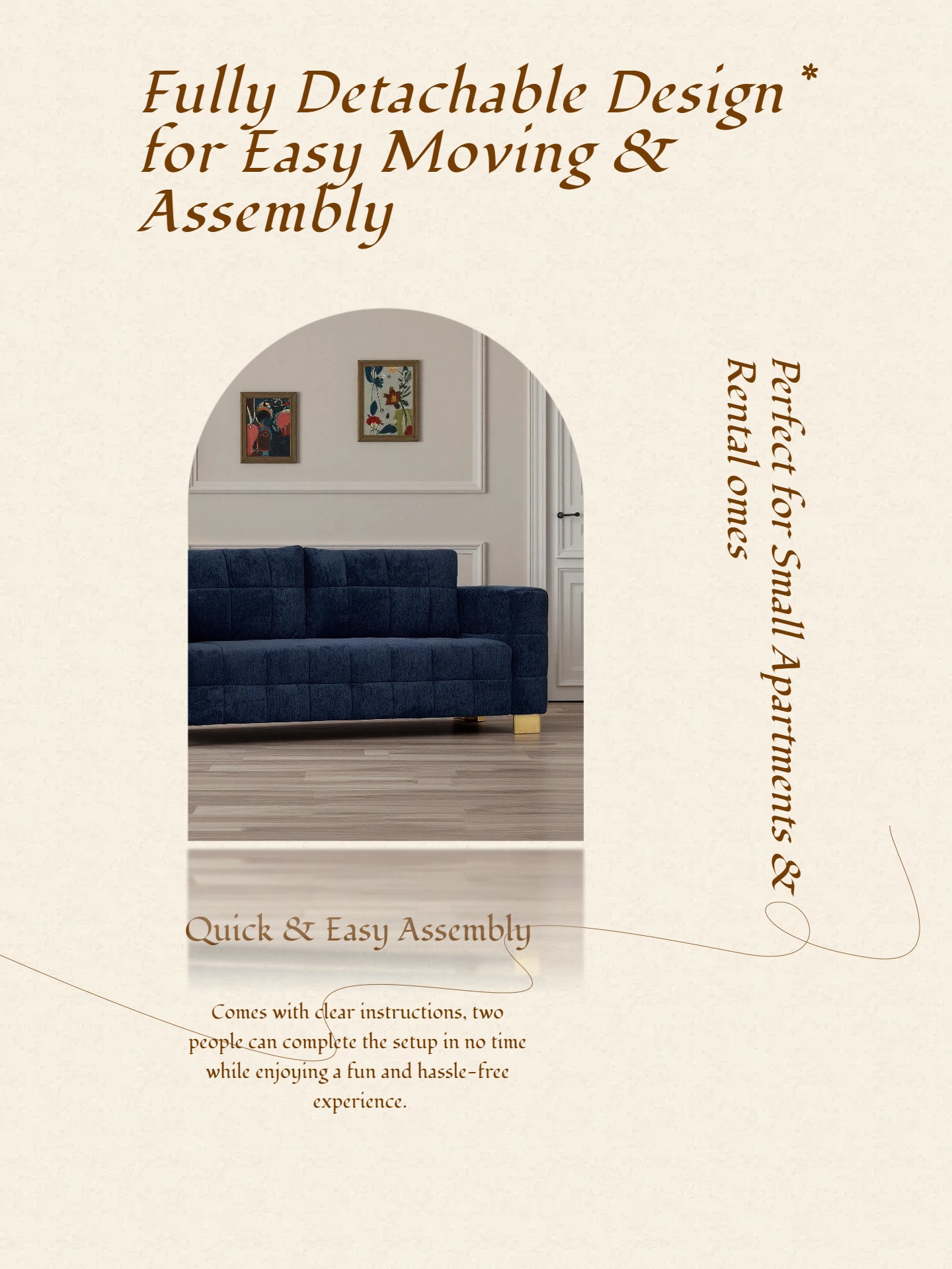 Retro Blue Chenille Upholstered 3-Seater Couch with Stainless-Steel Legs