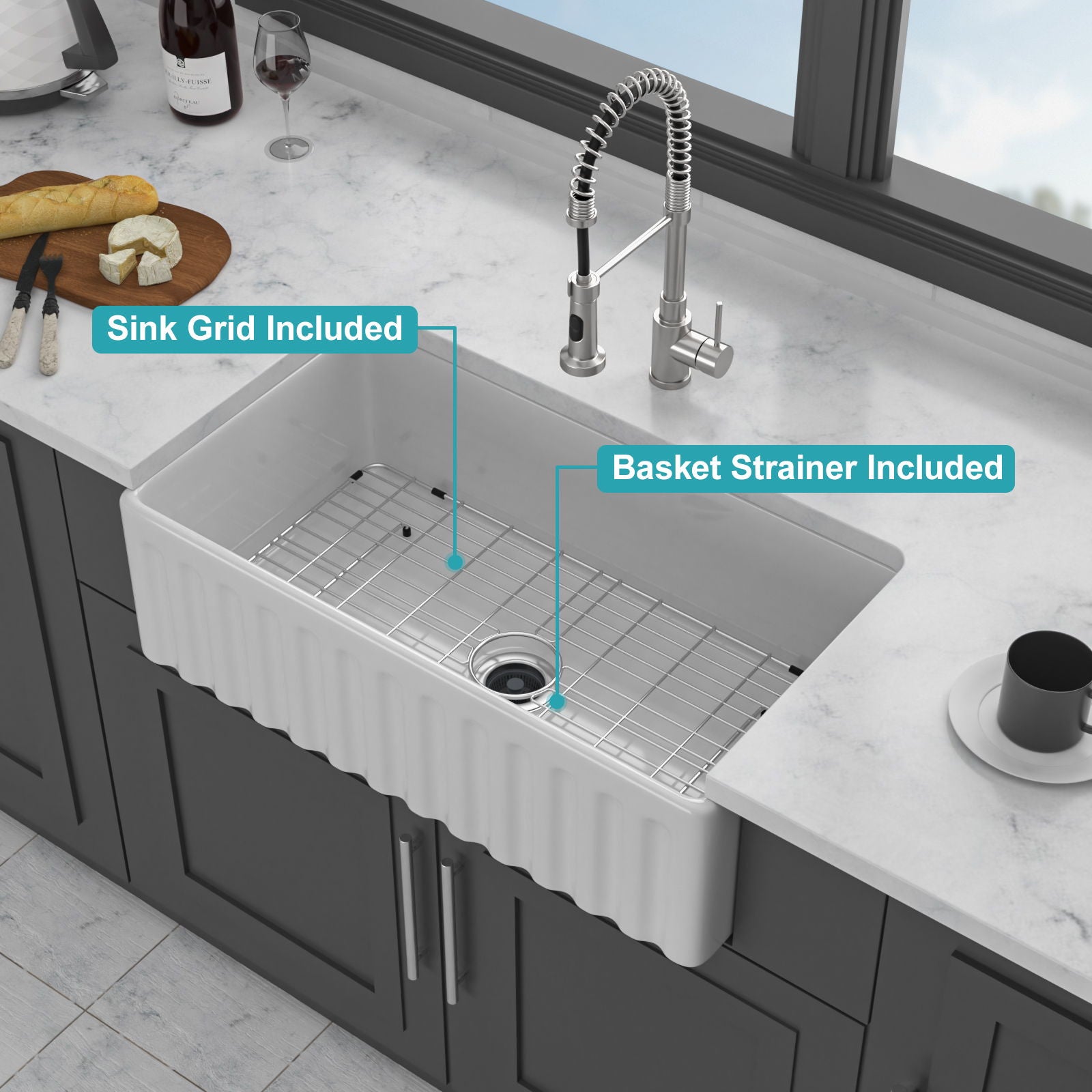 Sink - Apron-Front Reversible Single Bowl Kitchen Sink With Smooth And Ribbed Finishes - White