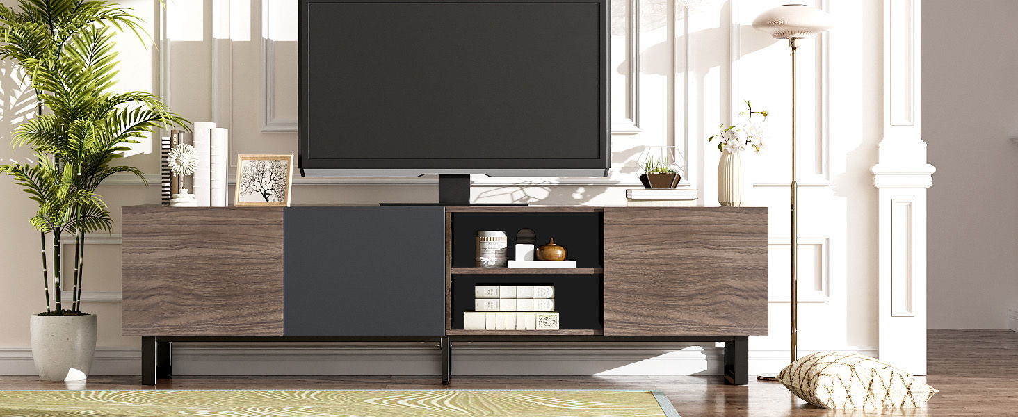 Modern TV With 3 Cabinets & Open Shelves, Color-Matching Media Console Table For Tvs Up To 80'', Entertainment Center With Drop Down Door For Living Room - Dark Brown