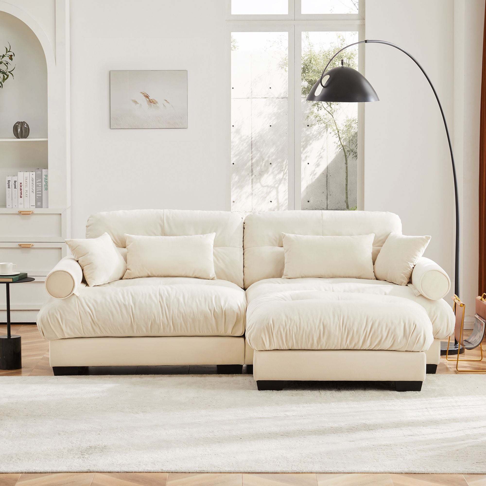 Modern Sectional Sofa With Ottoman, Round Bolster Armrests, Waist And Throw Pillows